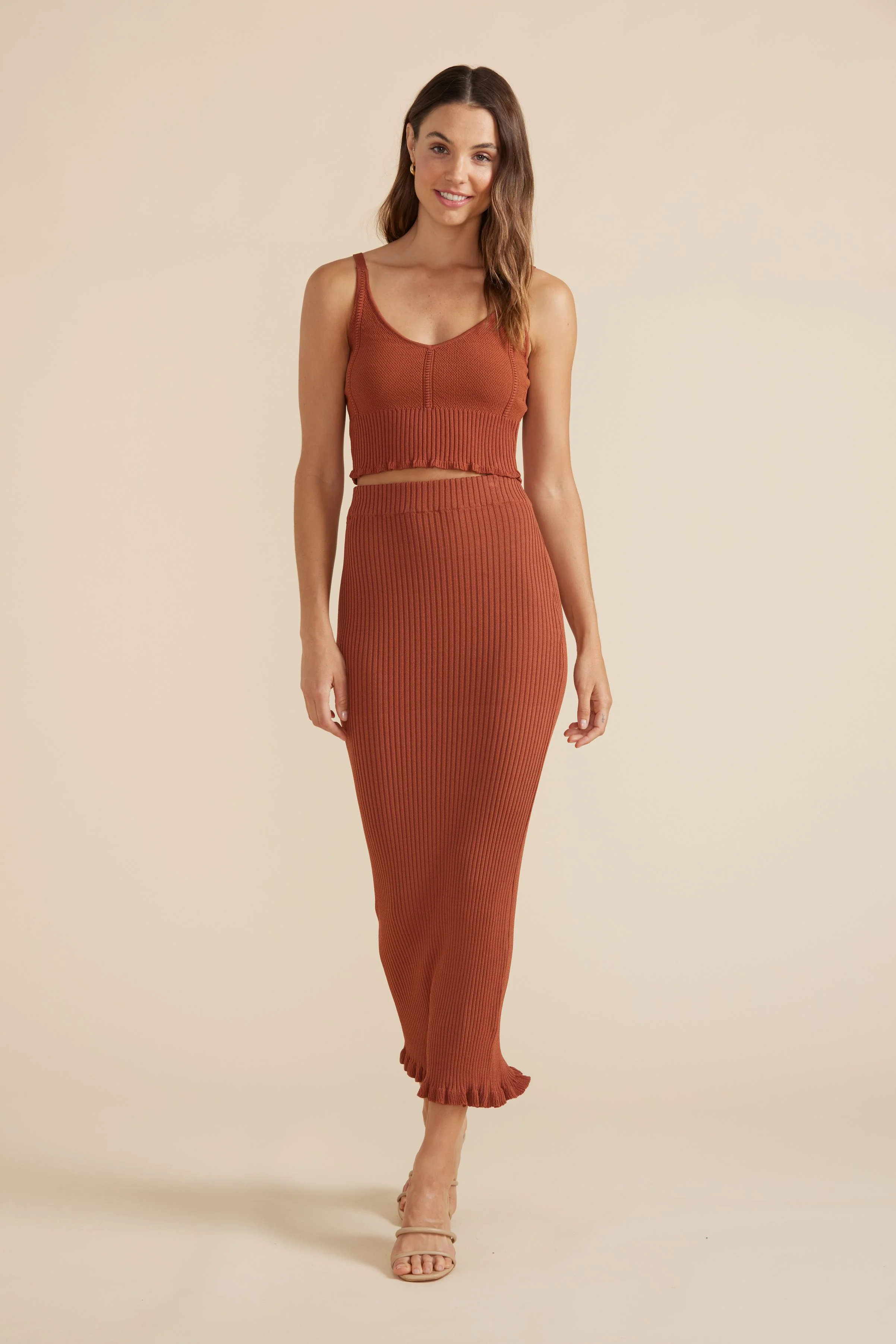 MINKPINK Womens Cyprus Knit Midi Skirt Brick - Image 5