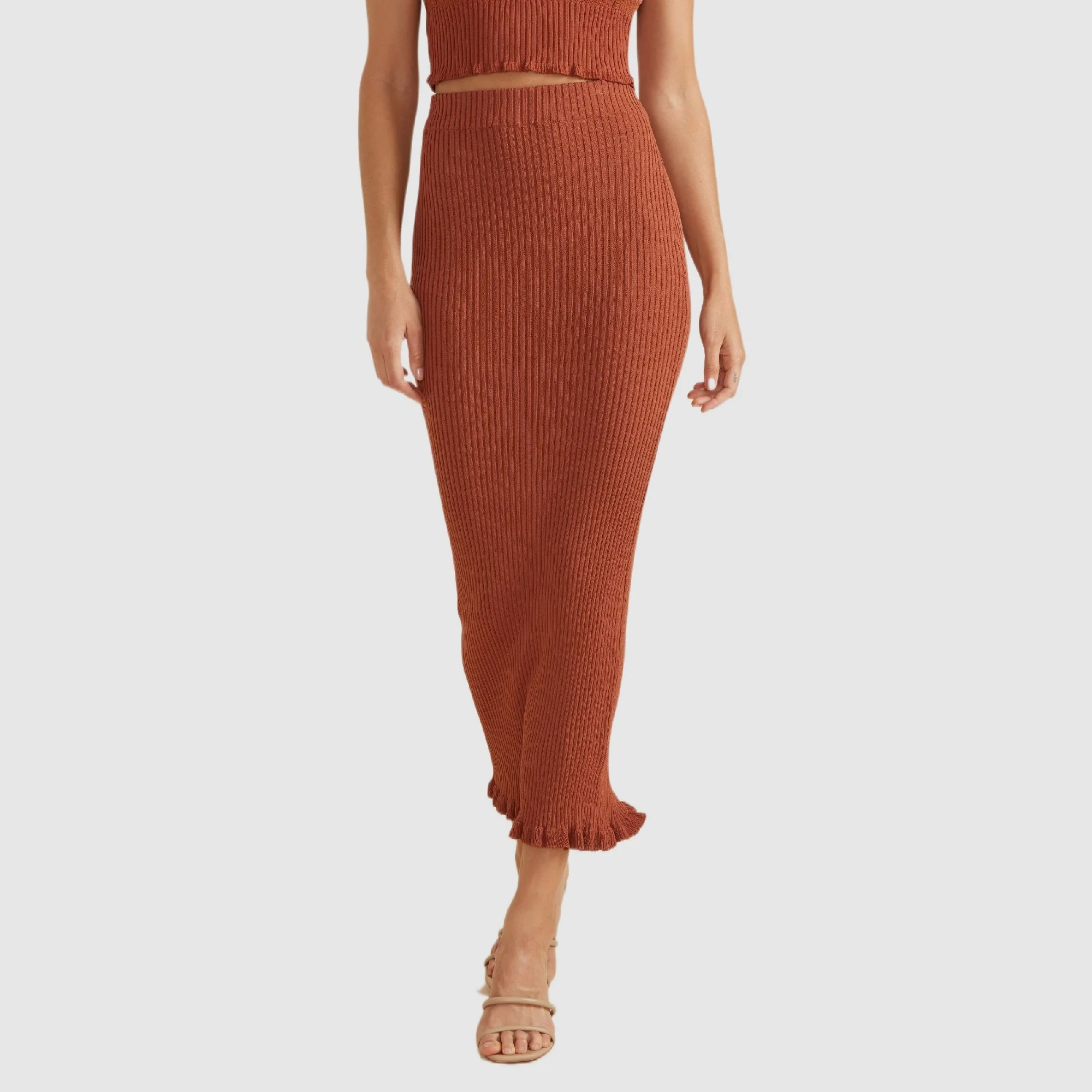 MINKPINK Womens Cyprus Knit Midi Skirt Brick - Image 6
