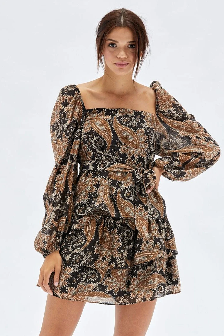 MINKPINK Womens Persian Paradise Waist Tie Top - Black/Brown