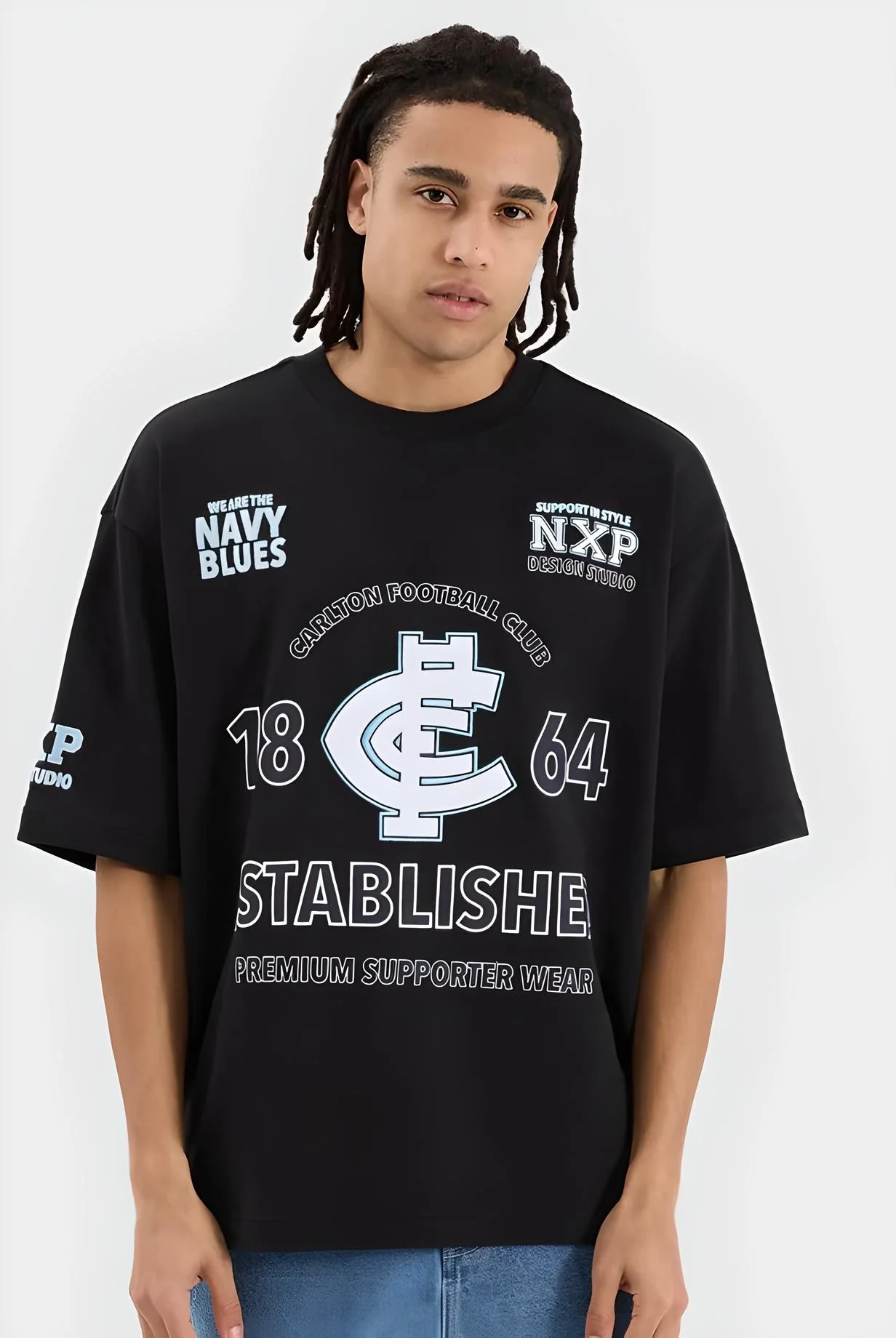NENA & PASADENA AFL Mens Carlton Blues Mega Loop Back Tee - Jet Black