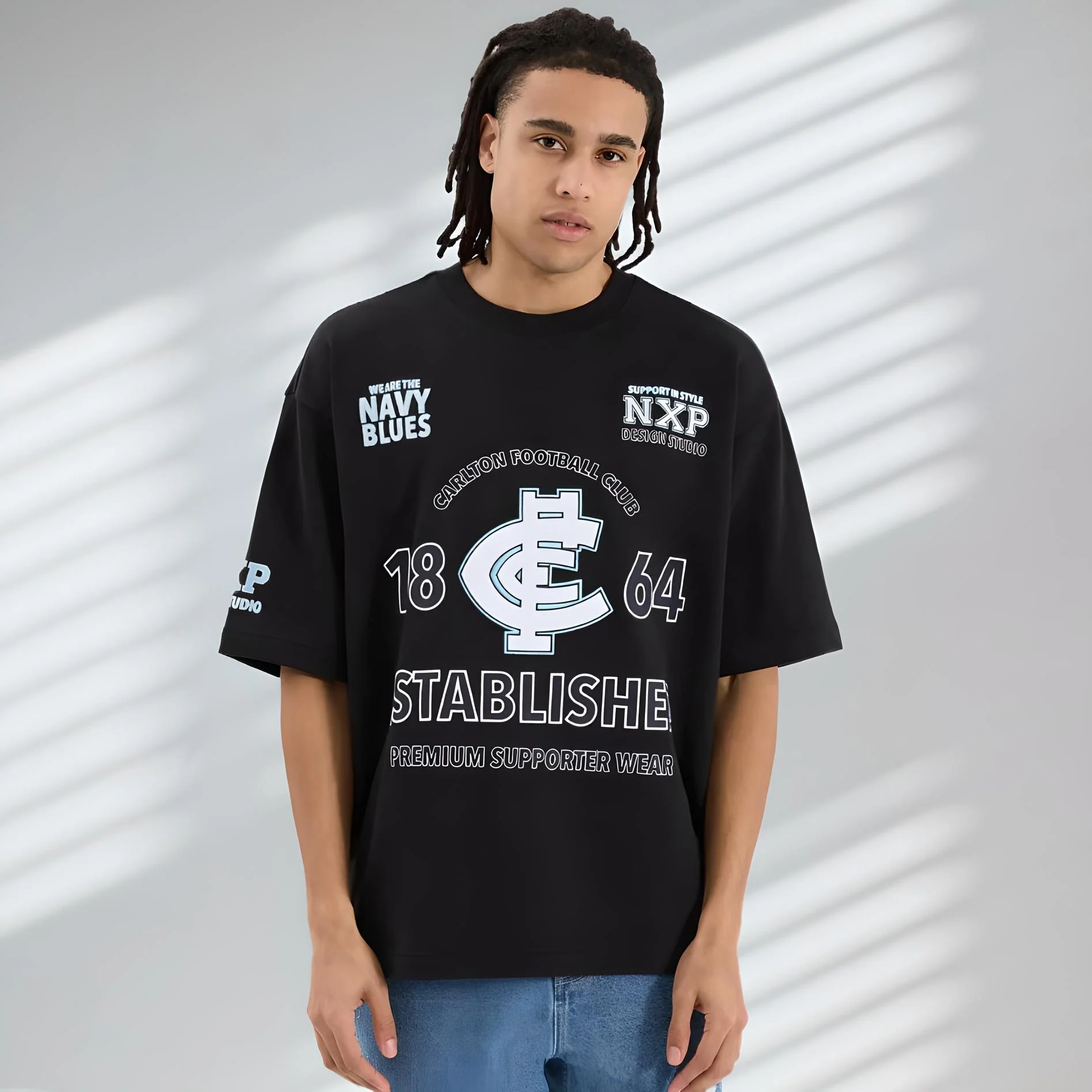 NENA & PASADENA AFL Mens Carlton Blues Mega Loop Back Tee - Jet Black - Image 2
