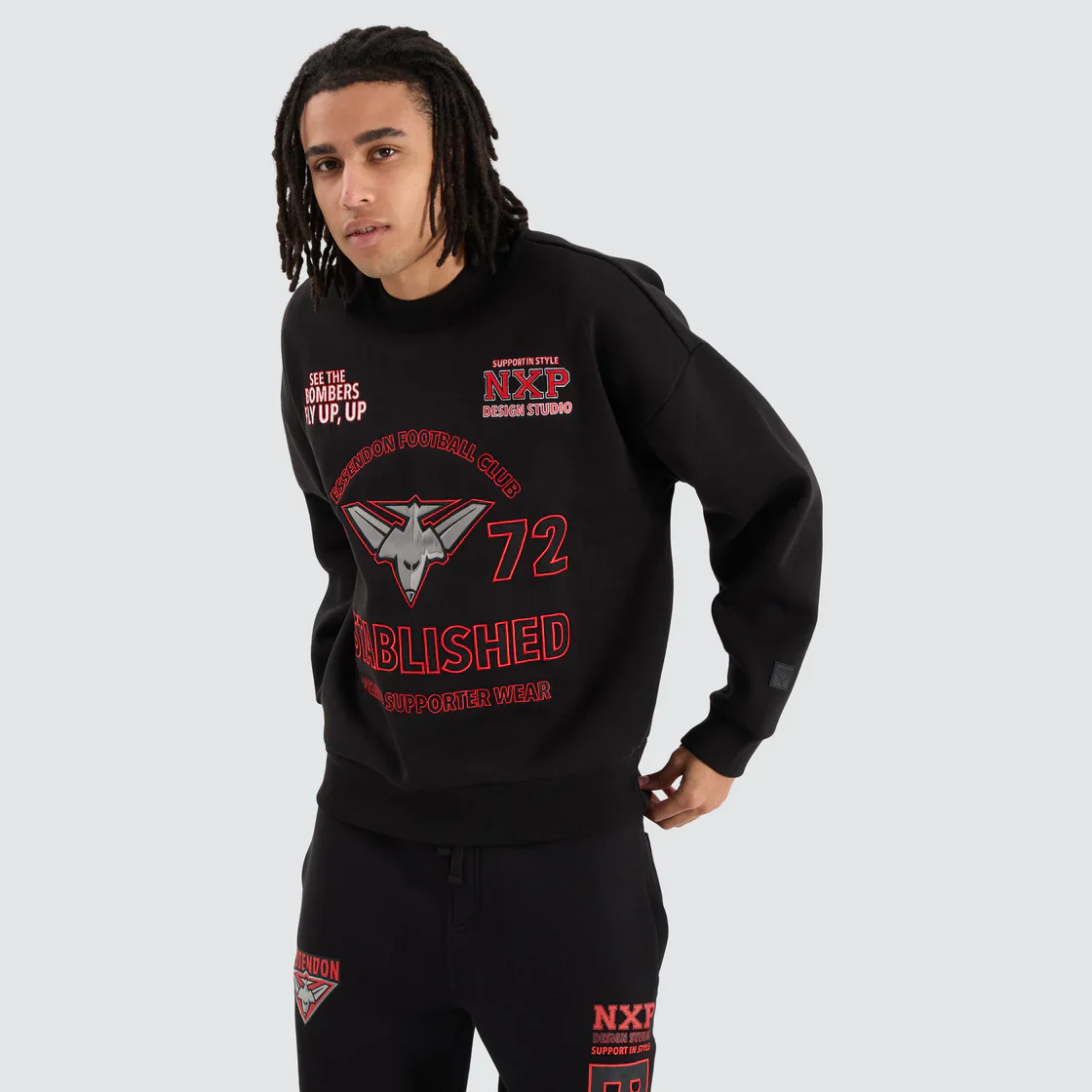 NENA & PASADENA  AFL Mens Essendon Bombers Box Fit Sweater - Jet Black - Image 3