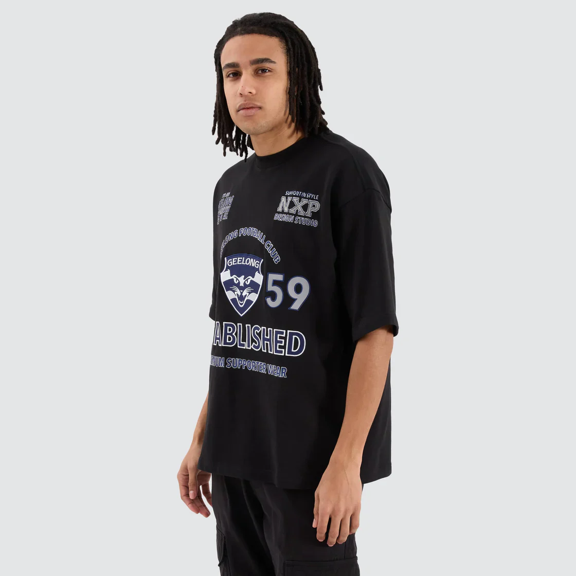 NENA & PASADENA  AFL Mens Geelong Cats Mega Loop Back Tee - Jet Black - Image 6