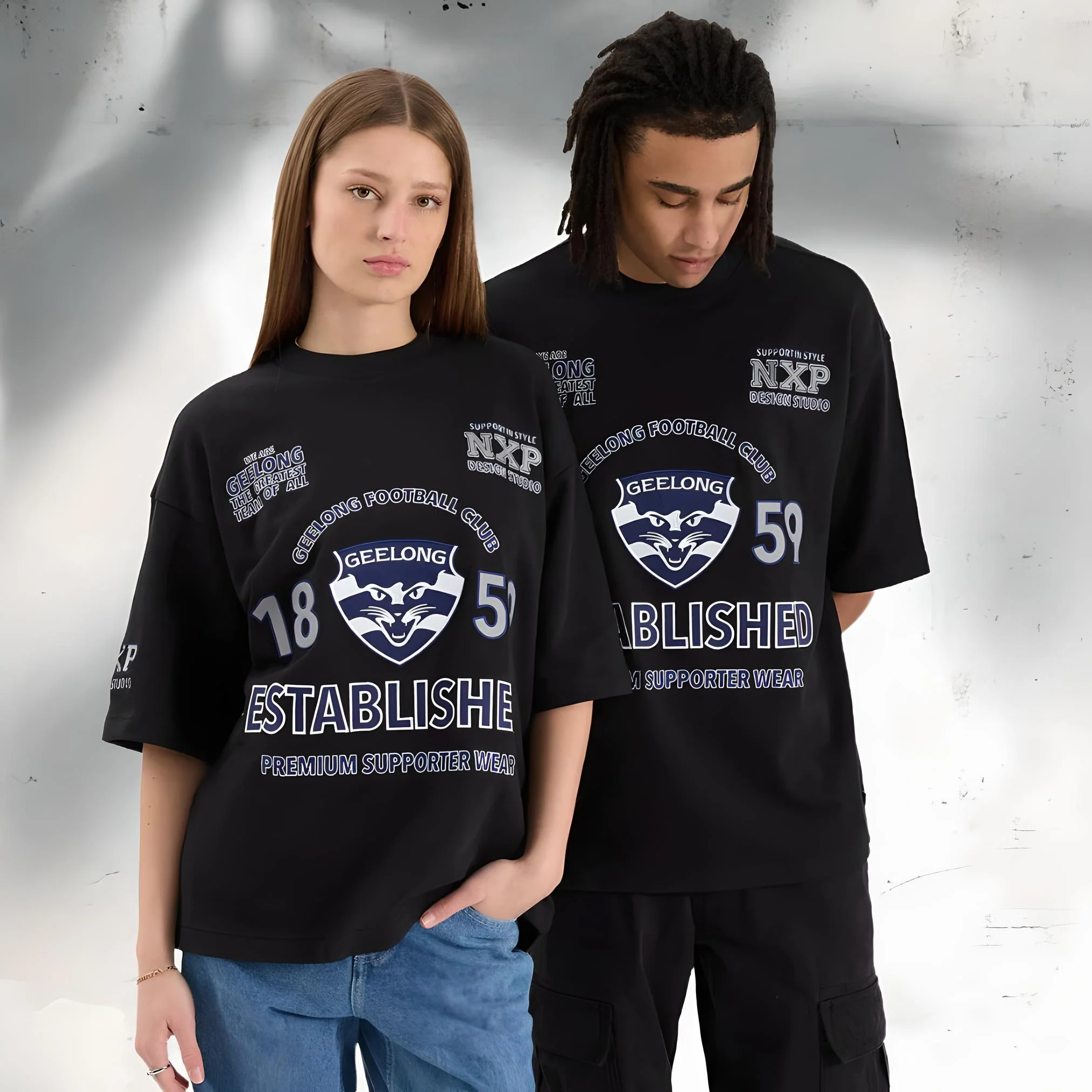 NENA & PASADENA  AFL Mens Geelong Cats Mega Loop Back Tee - Jet Black - Image 7