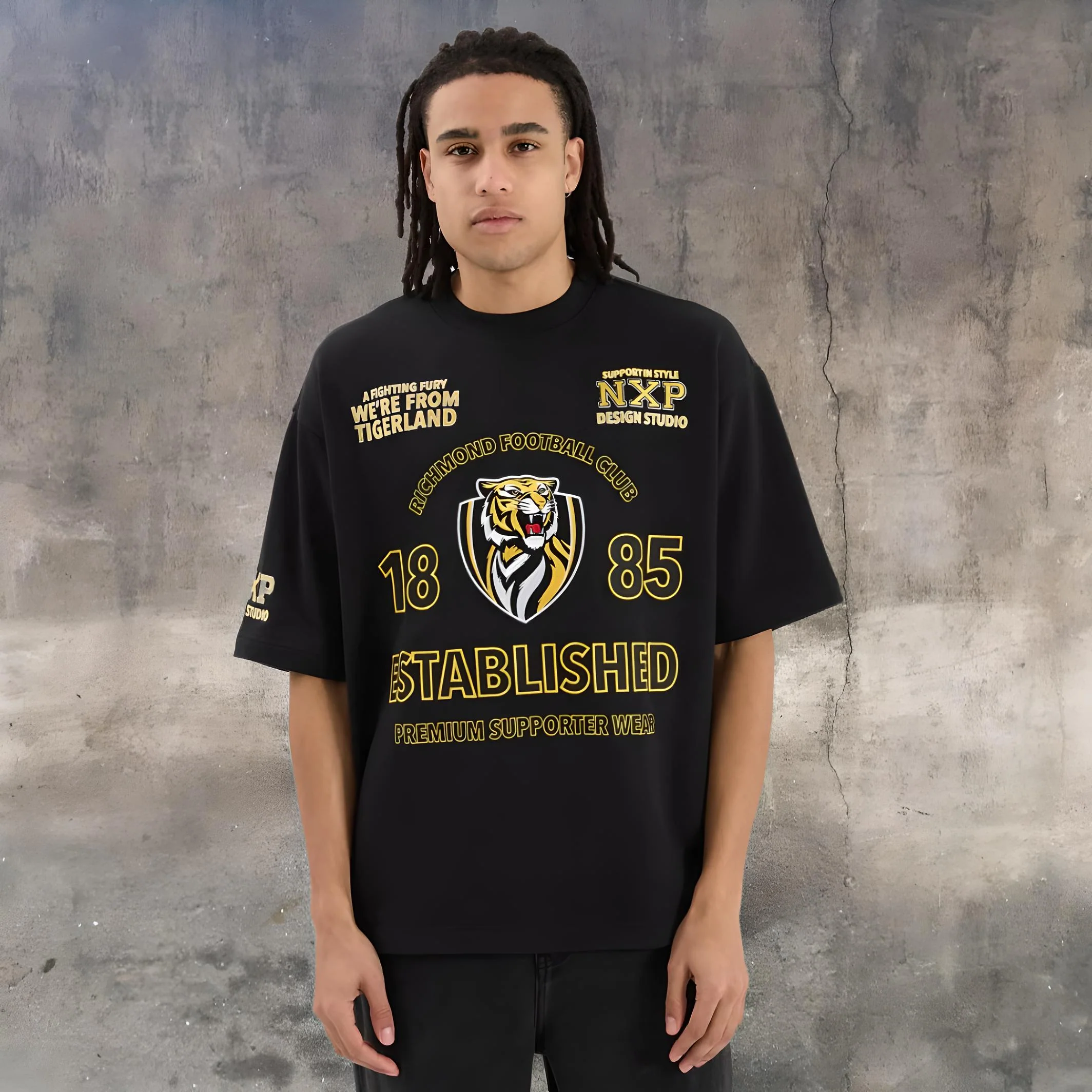 NENA & PASADENA  AFL Mens Richmond Tigers Mega Loop Back Tee - Jet Black - Image 2