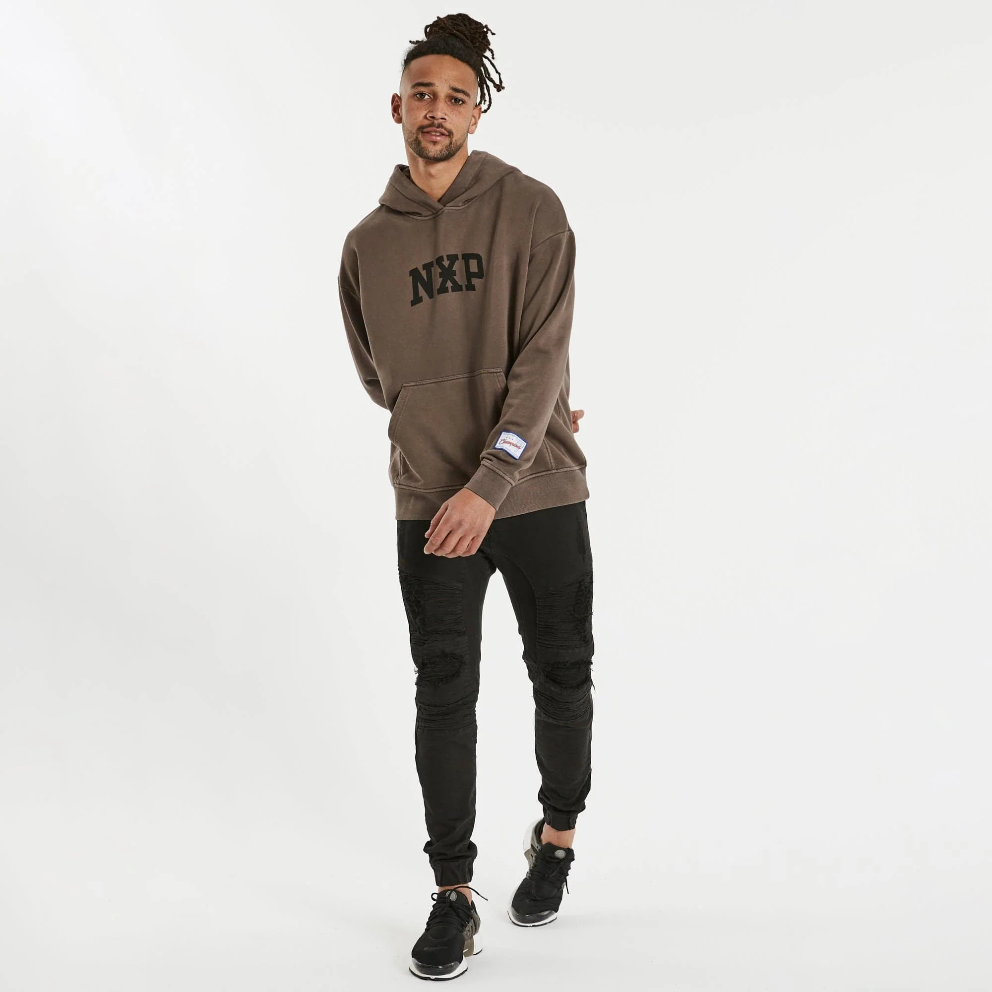 Nena & Pasadena Mens Affliction Relaxed Hooded Sweater - Pigment Shale Brown - Image 3