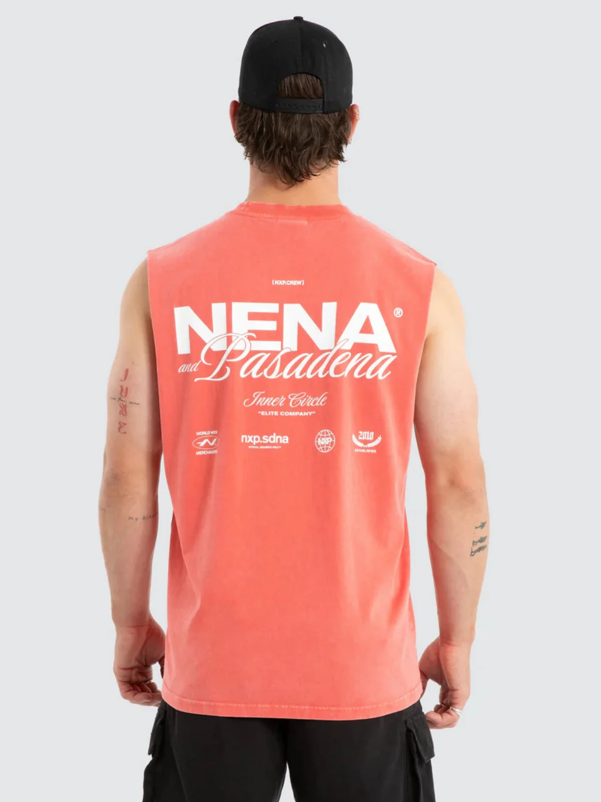 NENA & PASADENA Mens Demand Relaxed Muscle Tee in Acid Wash Cayenne - Image 2