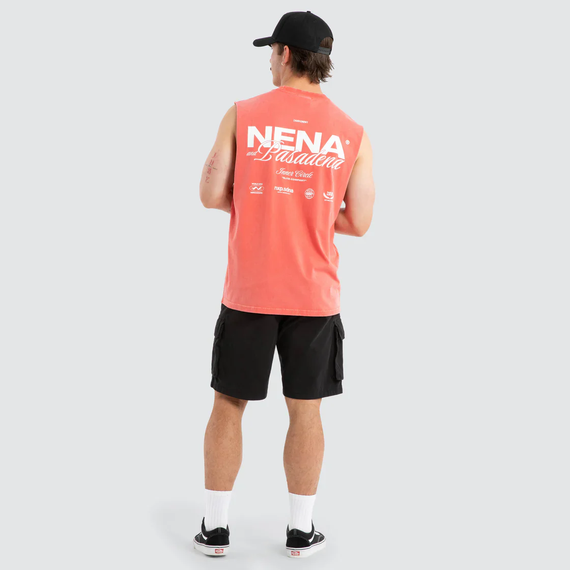 NENA & PASADENA Mens Demand Relaxed Muscle Tee in Acid Wash Cayenne - Image 6