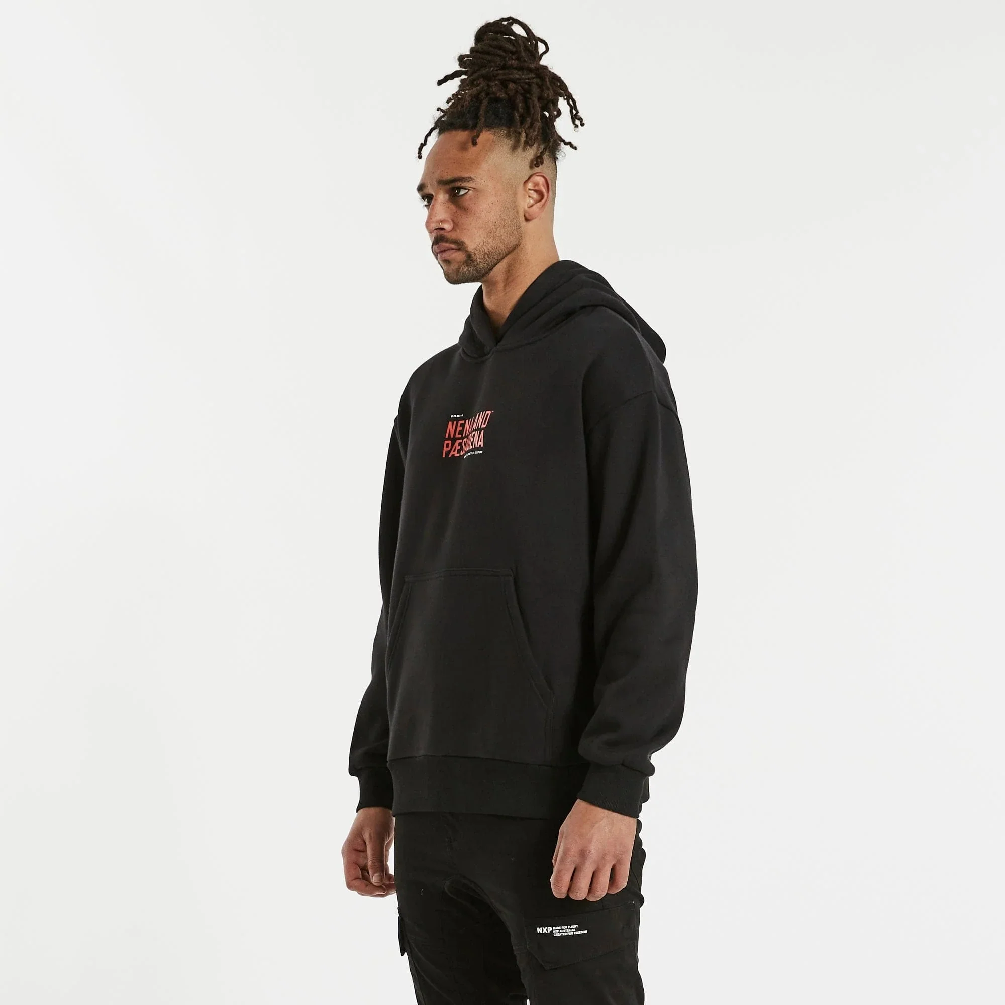NENA & PASADENA Mens Encryption Relaxed Hooded Sweater Jet Black - Image 5