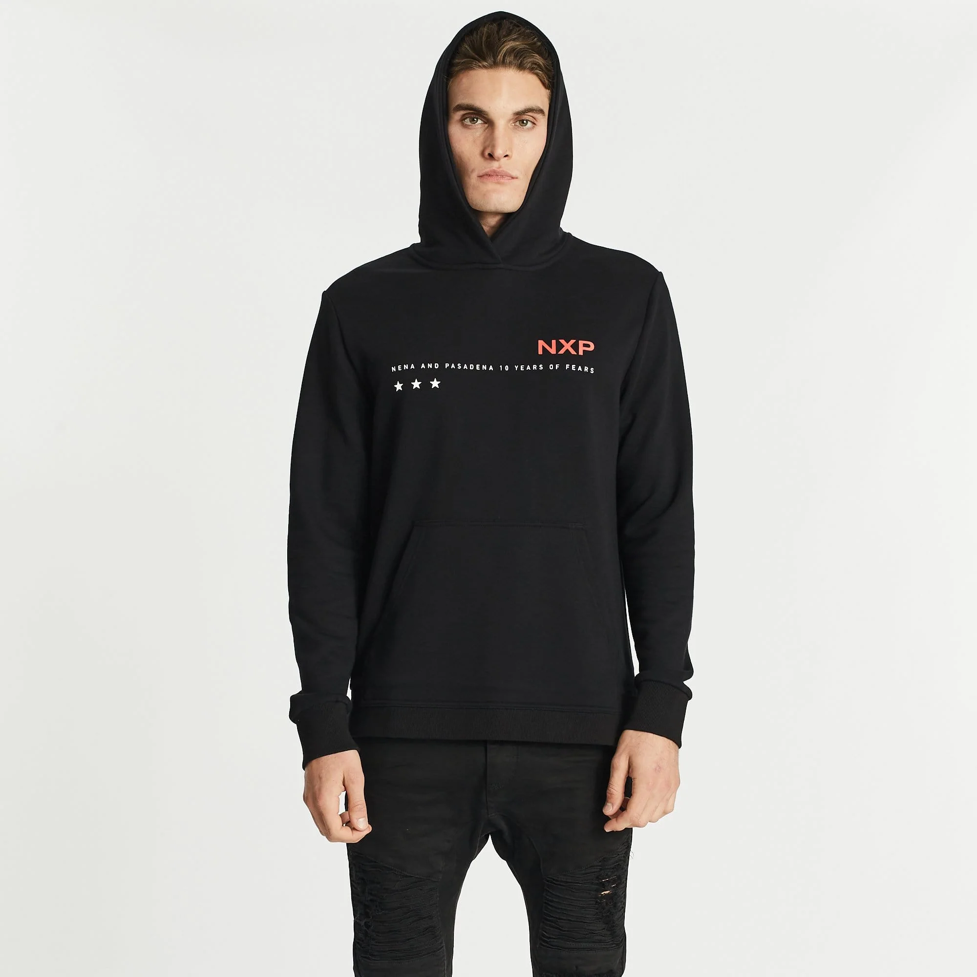 Nena & Pasadena MENS PROMINENT STEP HEM HOODED SWEATER - JET BLACK - Image 9