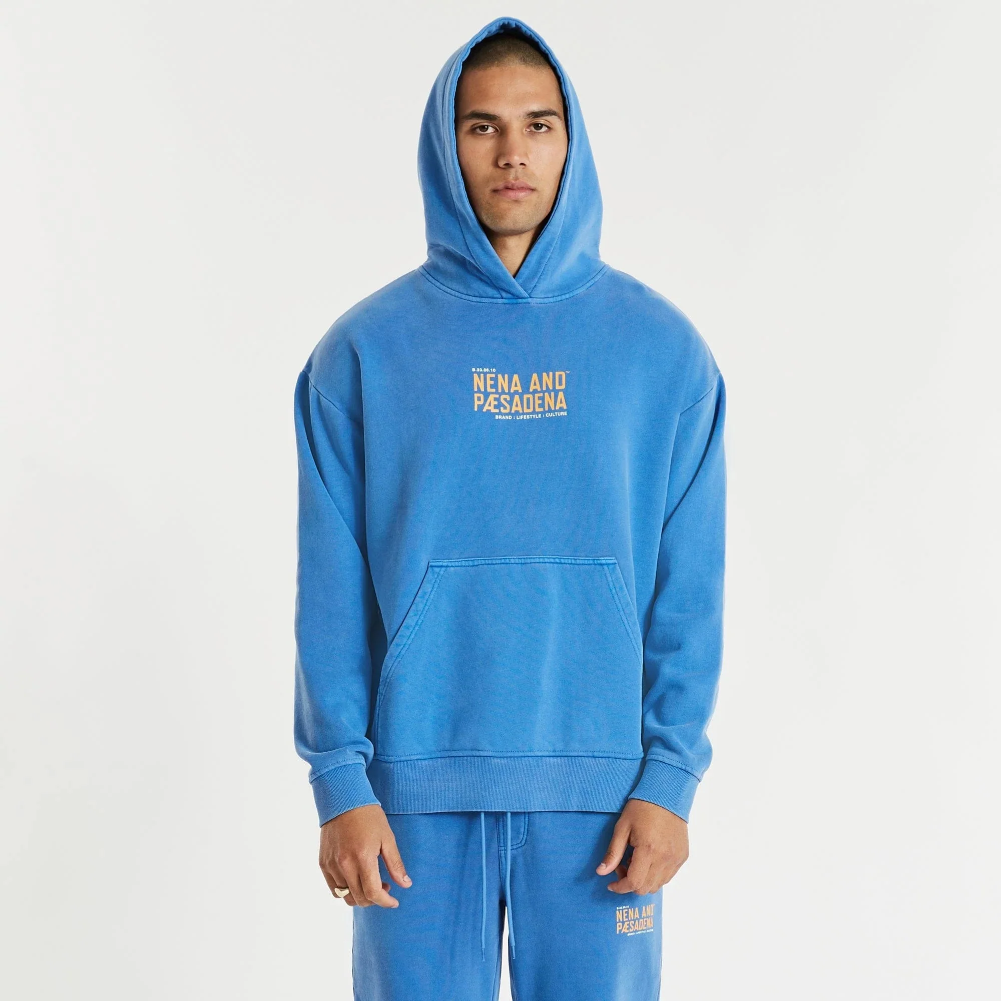 NENA & PASADENA Mens Tournament Relaxed Hooded Sweater Pigment Palace Blue - Image 12