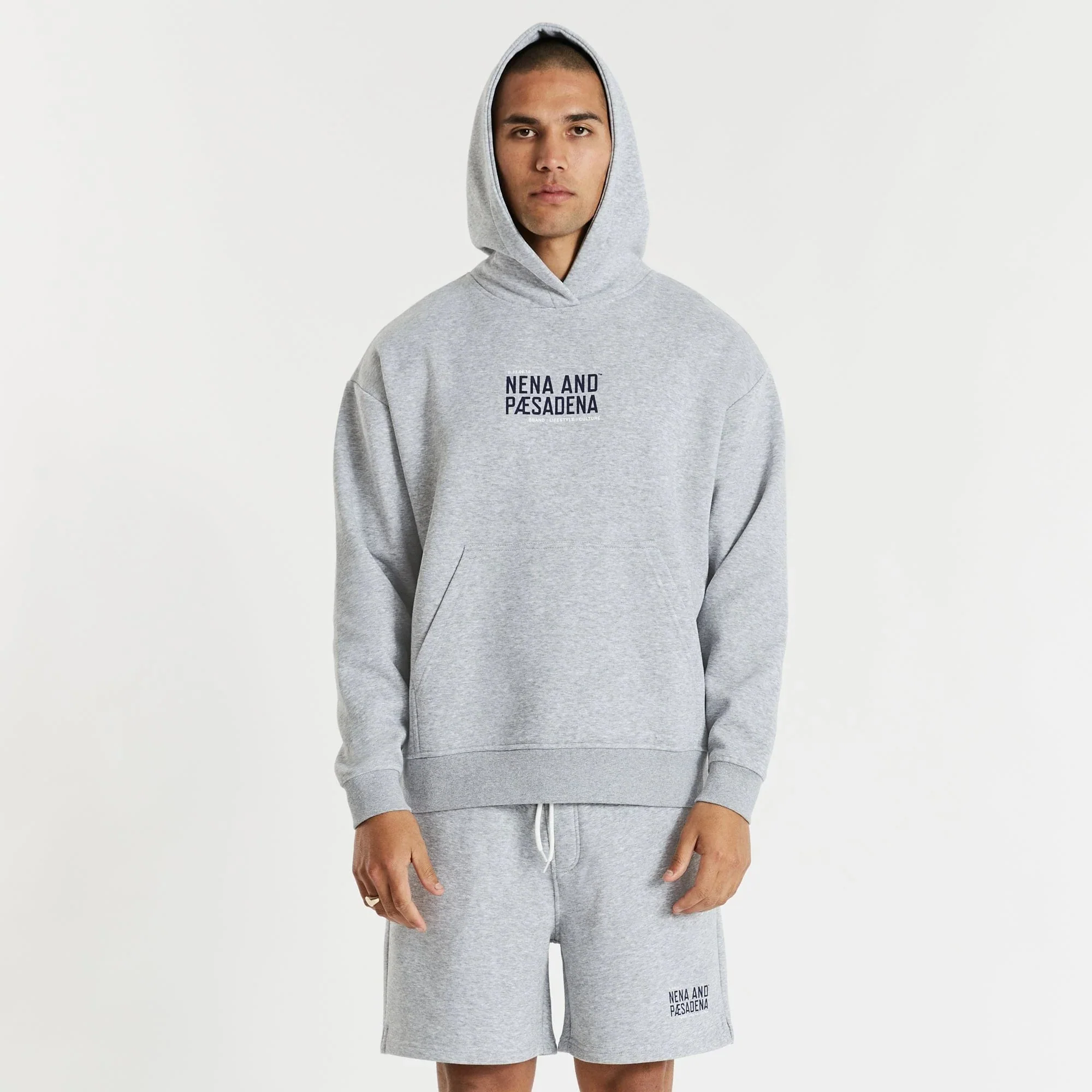 NENA & PASADENA Mens Tournament Relaxed Hoodie Sweater Grey Marle - Image 15