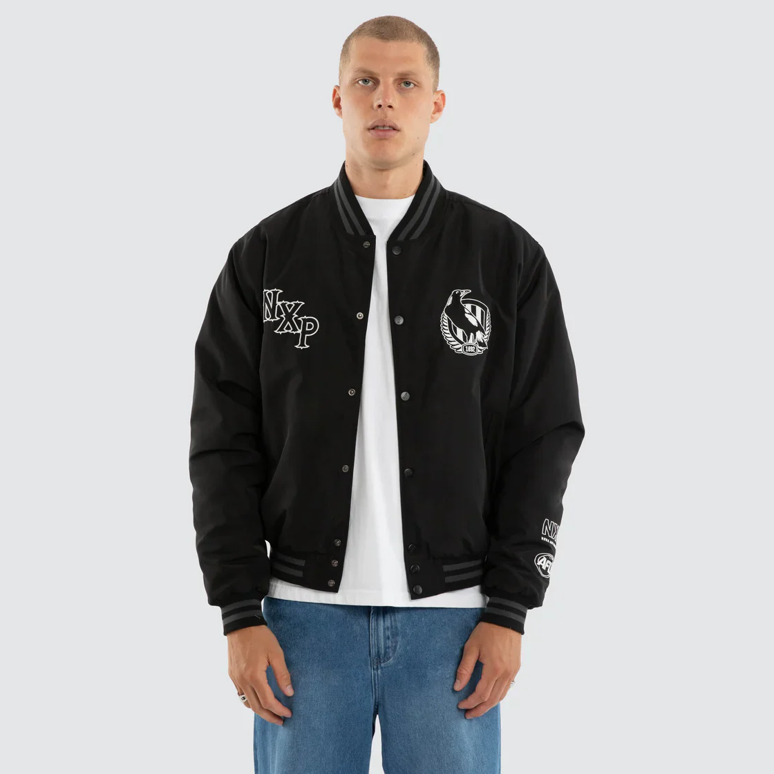 NXP x AFL Collingwood Magpies Retro Bomber Jacket in Jet Black - Image 2