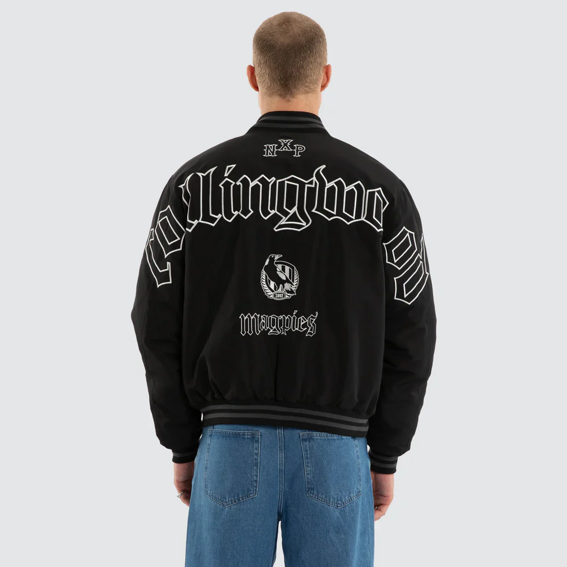 NXP x AFL Collingwood Magpies Retro Bomber Jacket in Jet Black - Image 3