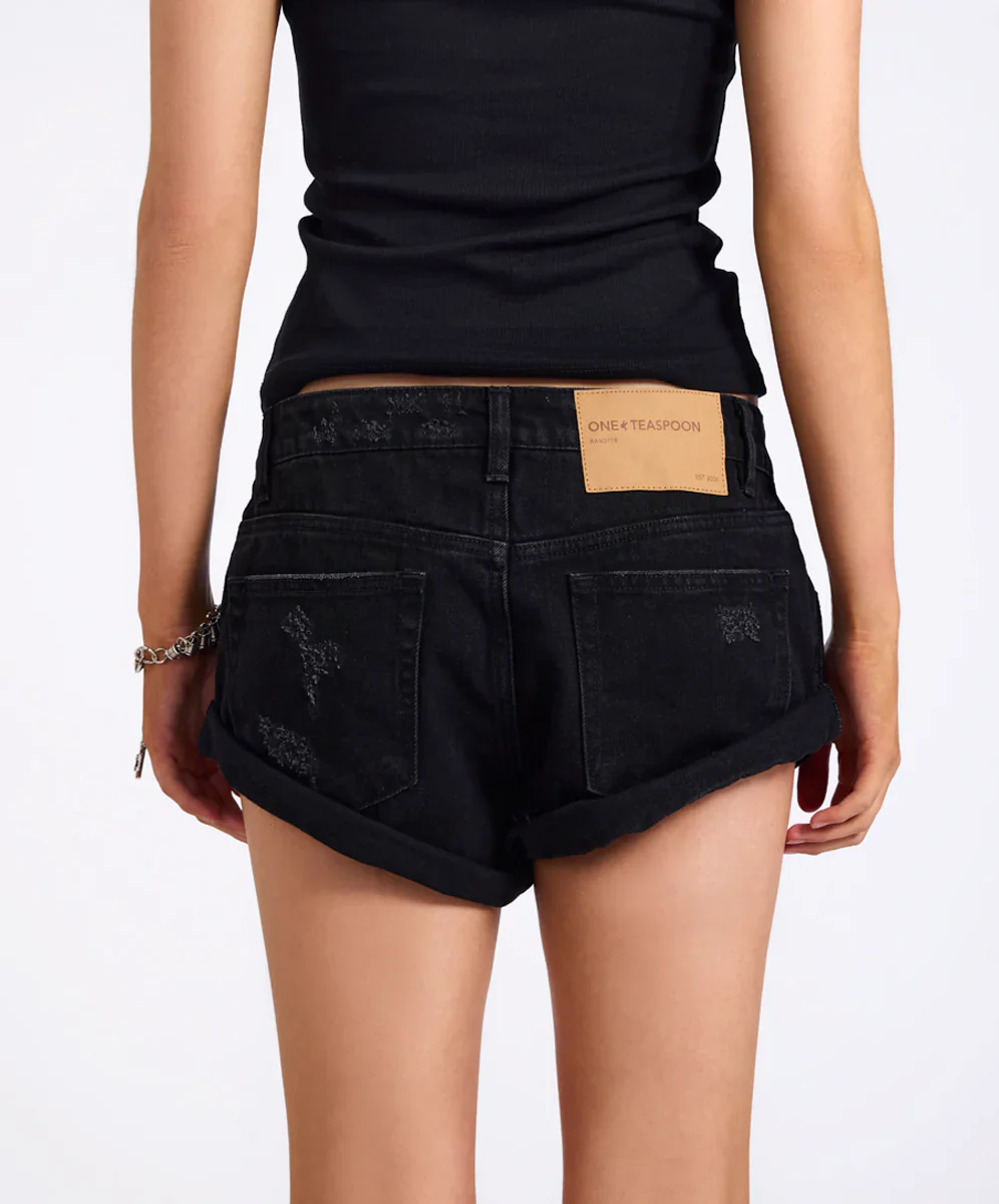 ONE TEASPOON Womens Bandits Low Waist Denim Shorts in Double Black - Image 6