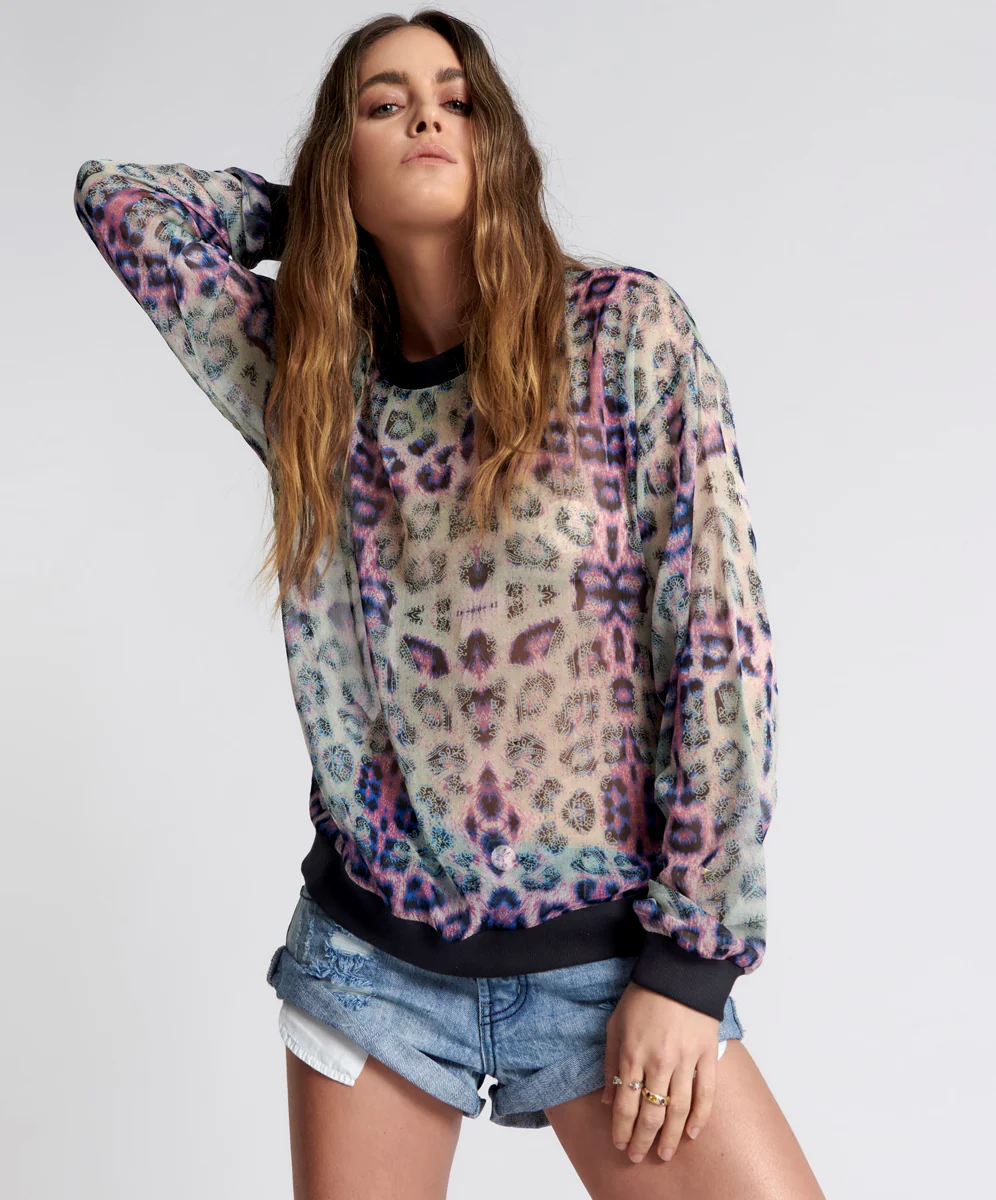 ONE TEASPOON Womens Collision Chiffon Longsleeve Top Animal - Image 5