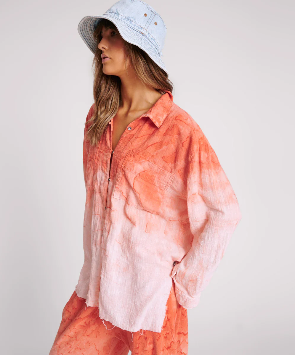 ONE TEASPOON Womens Hand Painted Sunset Muslin Longline Shirt - Coral - Image 2