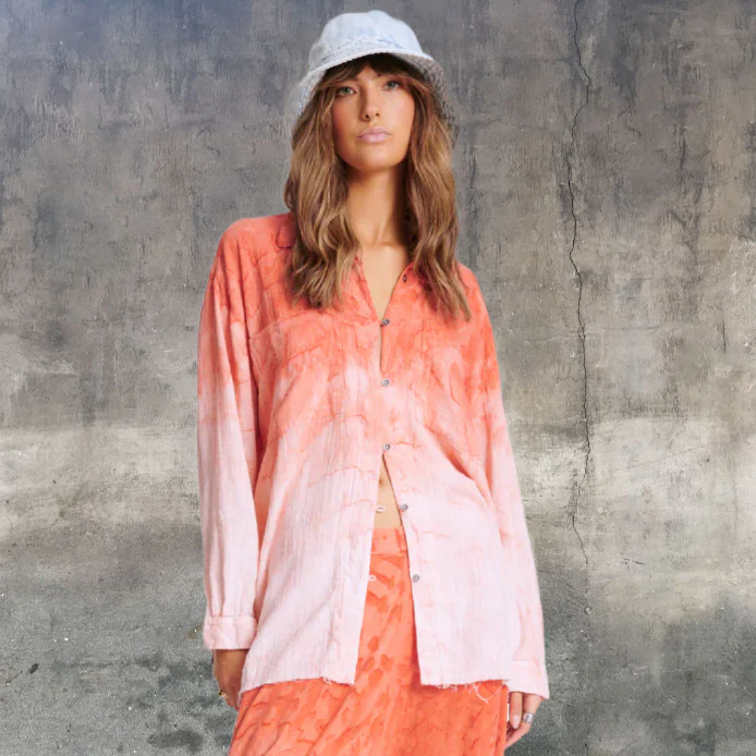 ONE TEASPOON Womens Hand Painted Sunset Muslin Longline Shirt - Coral - Image 5