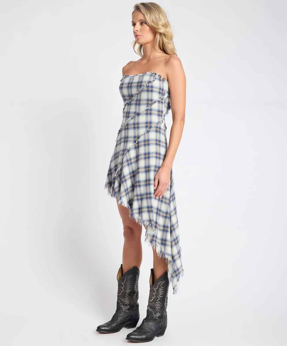 ONE TEASPOON Womens Heart Of Glass Asymmetrical Flannel Mini Dress in Blue & White Check - Image 4