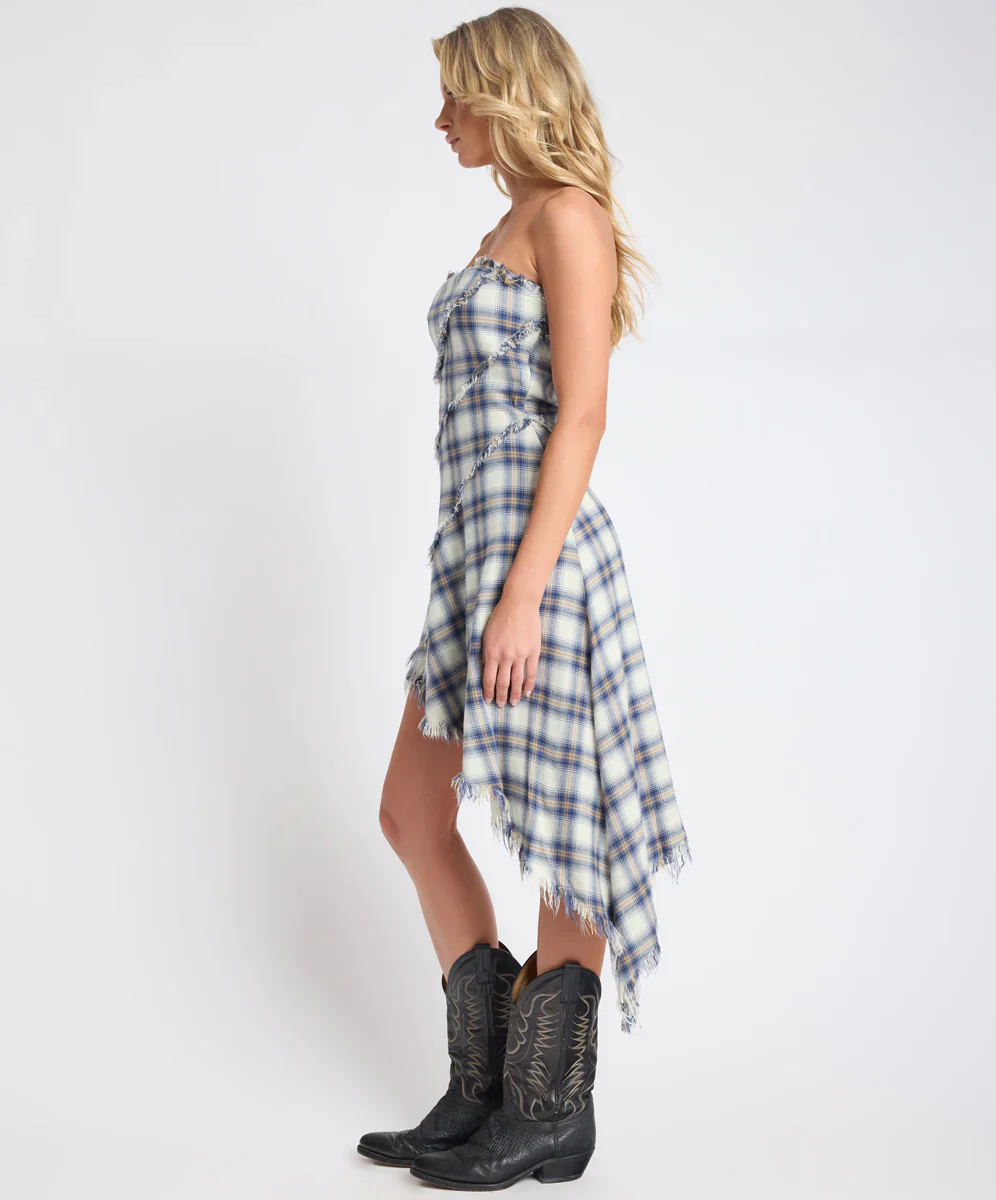 ONE TEASPOON Womens Heart Of Glass Asymmetrical Flannel Mini Dress in Blue & White Check - Image 5