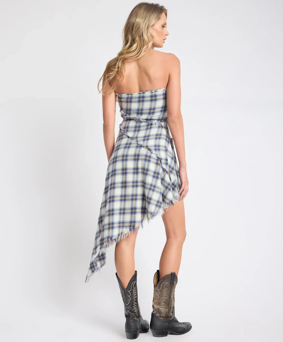 ONE TEASPOON Womens Heart Of Glass Asymmetrical Flannel Mini Dress in Blue & White Check - Image 6