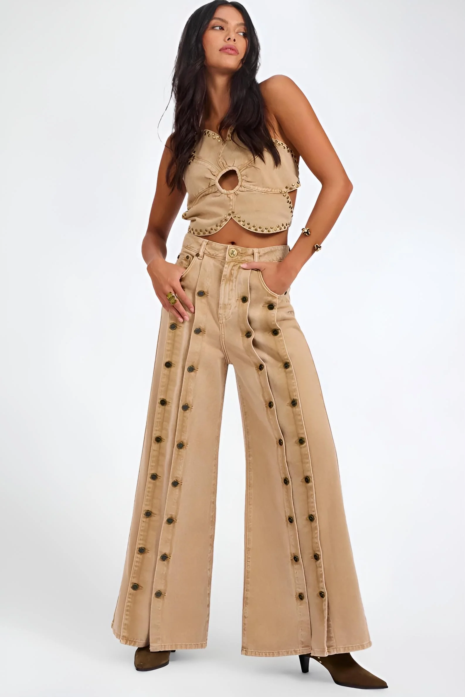 ONE TEASPOON Womens Hollywoods High Waist Wide Leg Denim Jeans in Warm Tan