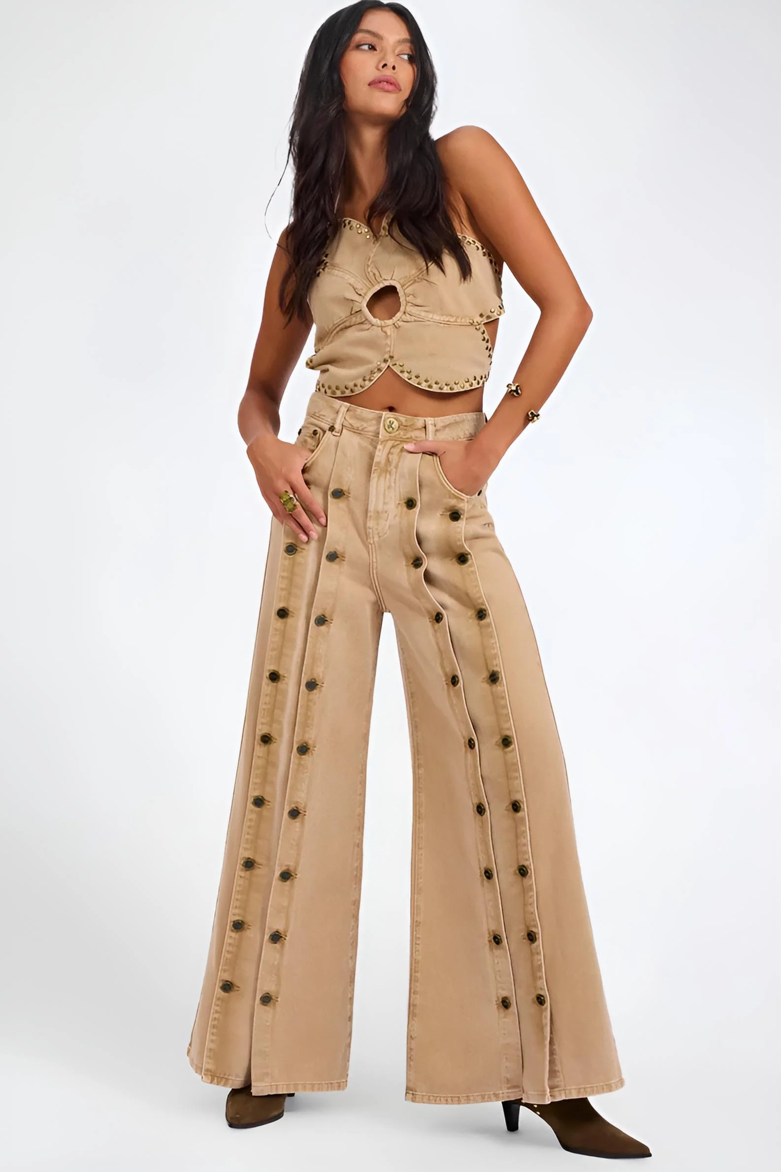 ONE TEASPOON Womens Hollywoods High Waist Wide Leg Denim Jeans in Warm Tan - Image 17