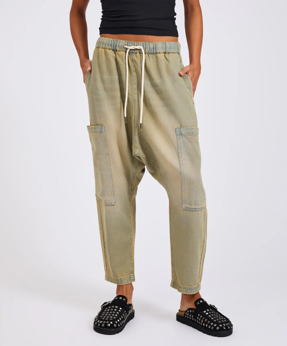 ONE TEASPOON Womens Isla Low Waist Drawstring Harem Denim Jeans in Warm Khaki - Image 2