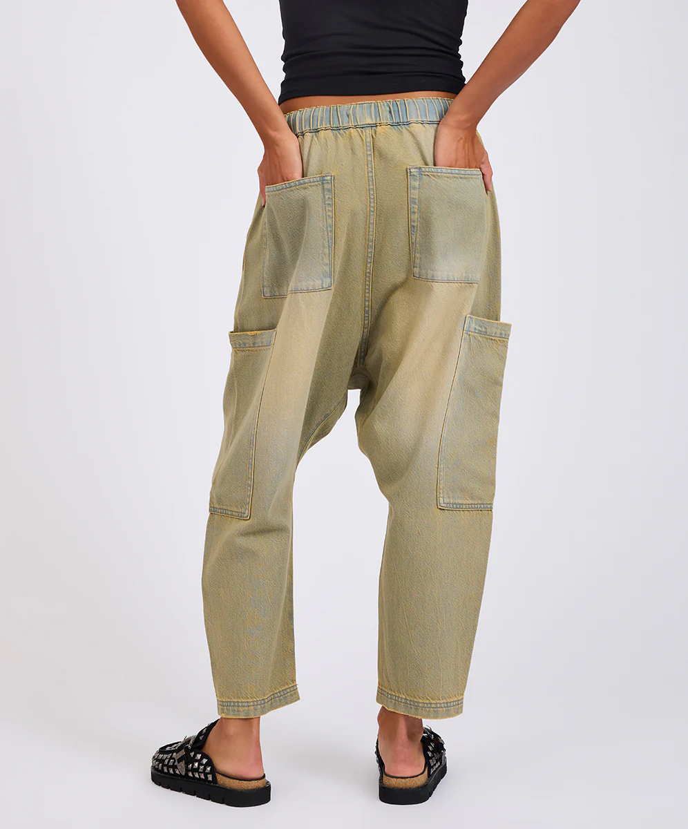 ONE TEASPOON Womens Isla Low Waist Drawstring Harem Denim Jeans in Warm Khaki - Image 4