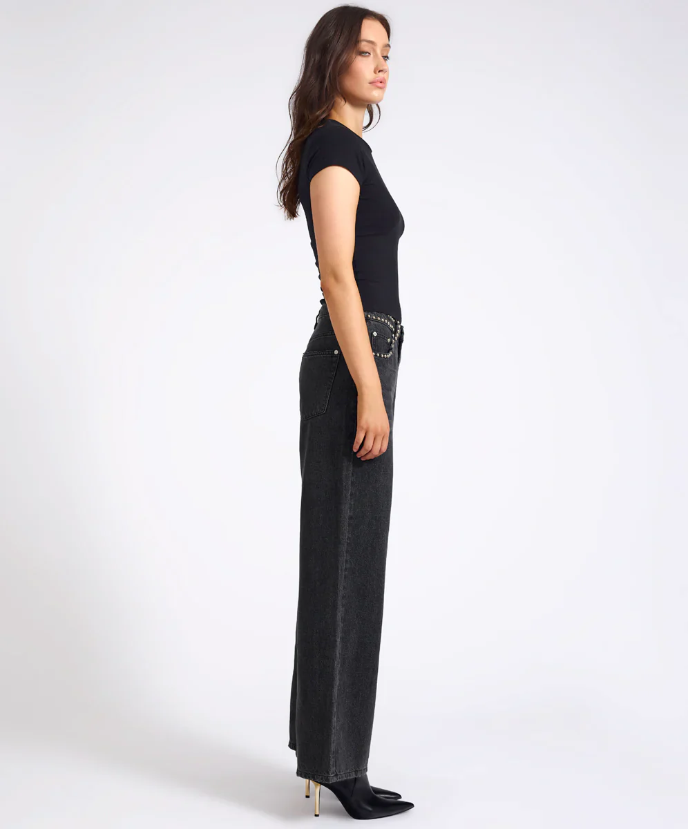 ONE TEASPOON Womens Jackson Mid Waist Wide Leg Studded Denim Jeans in Black - Image 3