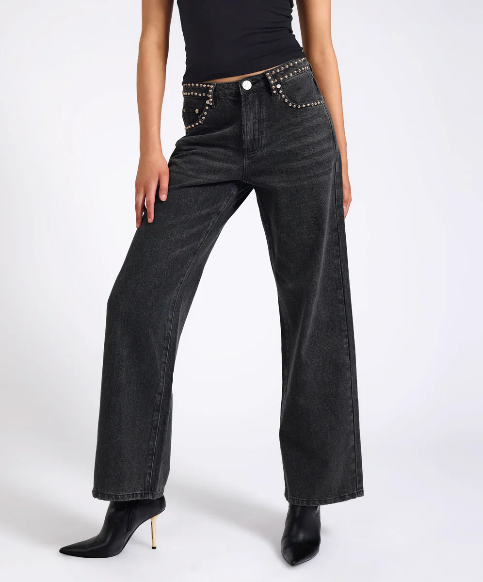 ONE TEASPOON Womens Jackson Mid Waist Wide Leg Studded Denim Jeans in Black - Image 4