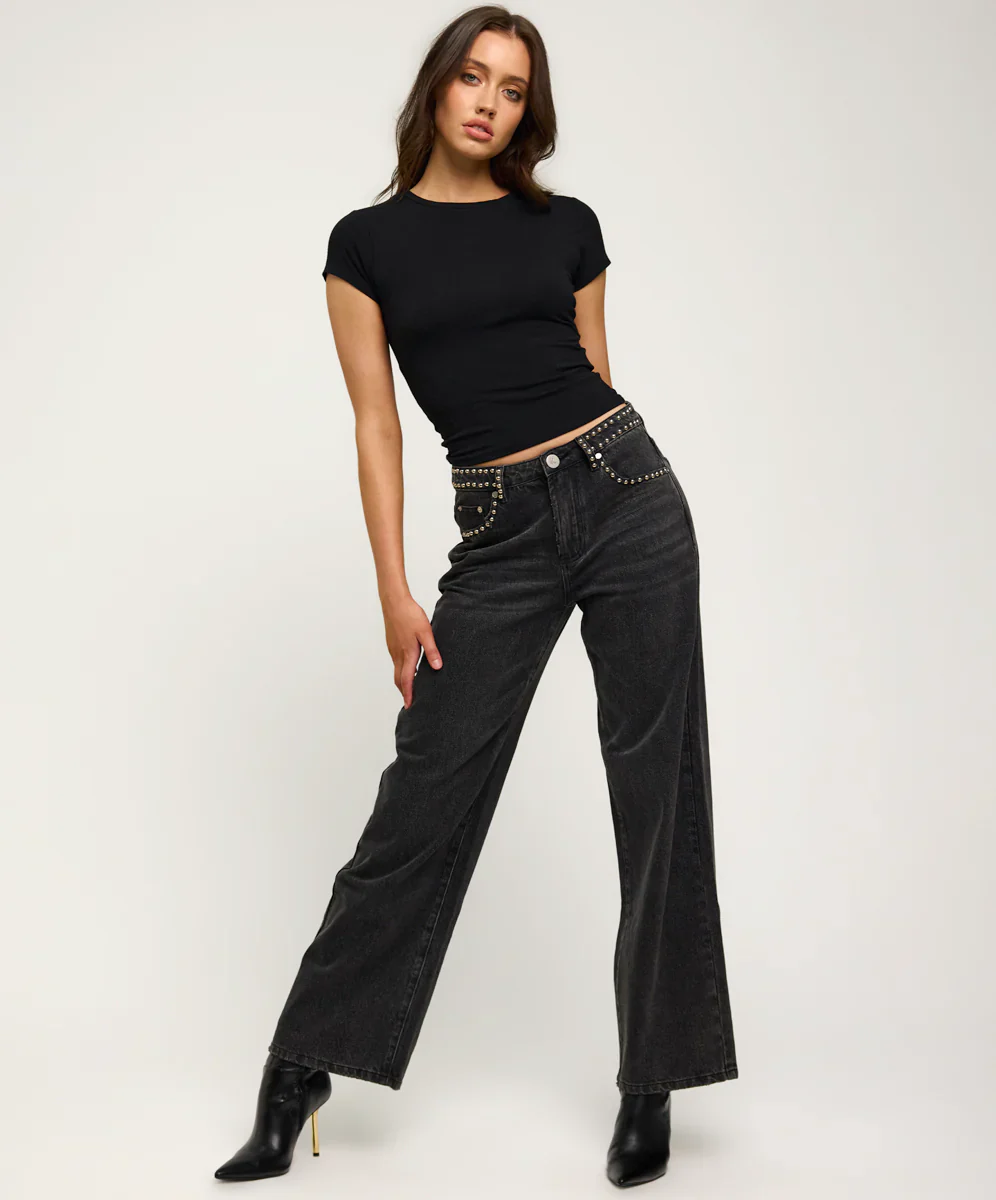 ONE TEASPOON Womens Jackson Mid Waist Wide Leg Studded Denim Jeans in Black - Image 9