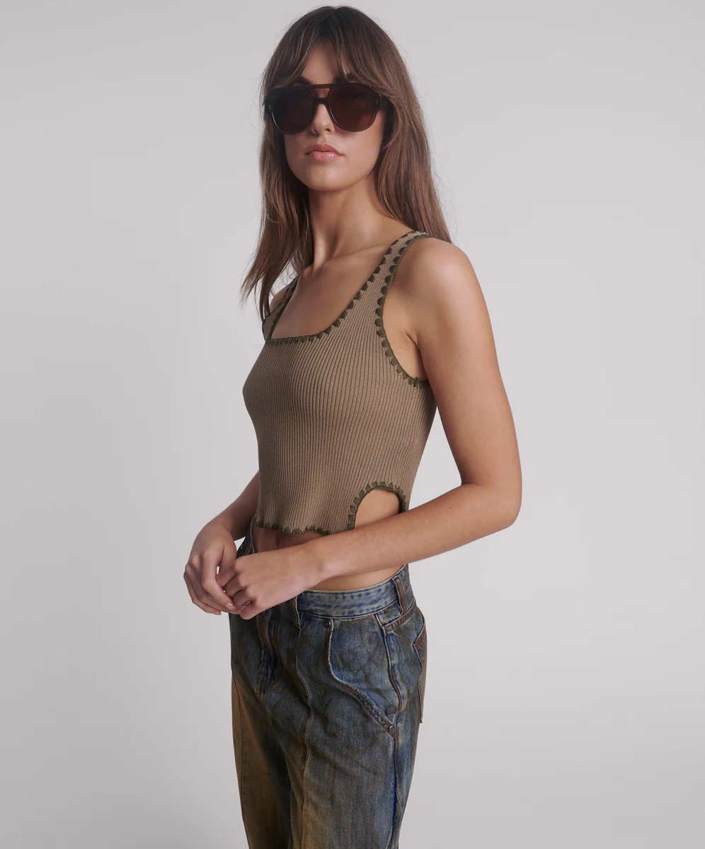 ONE TEASPOON Womens Knitted Scallop Tank - Khaki - Image 2