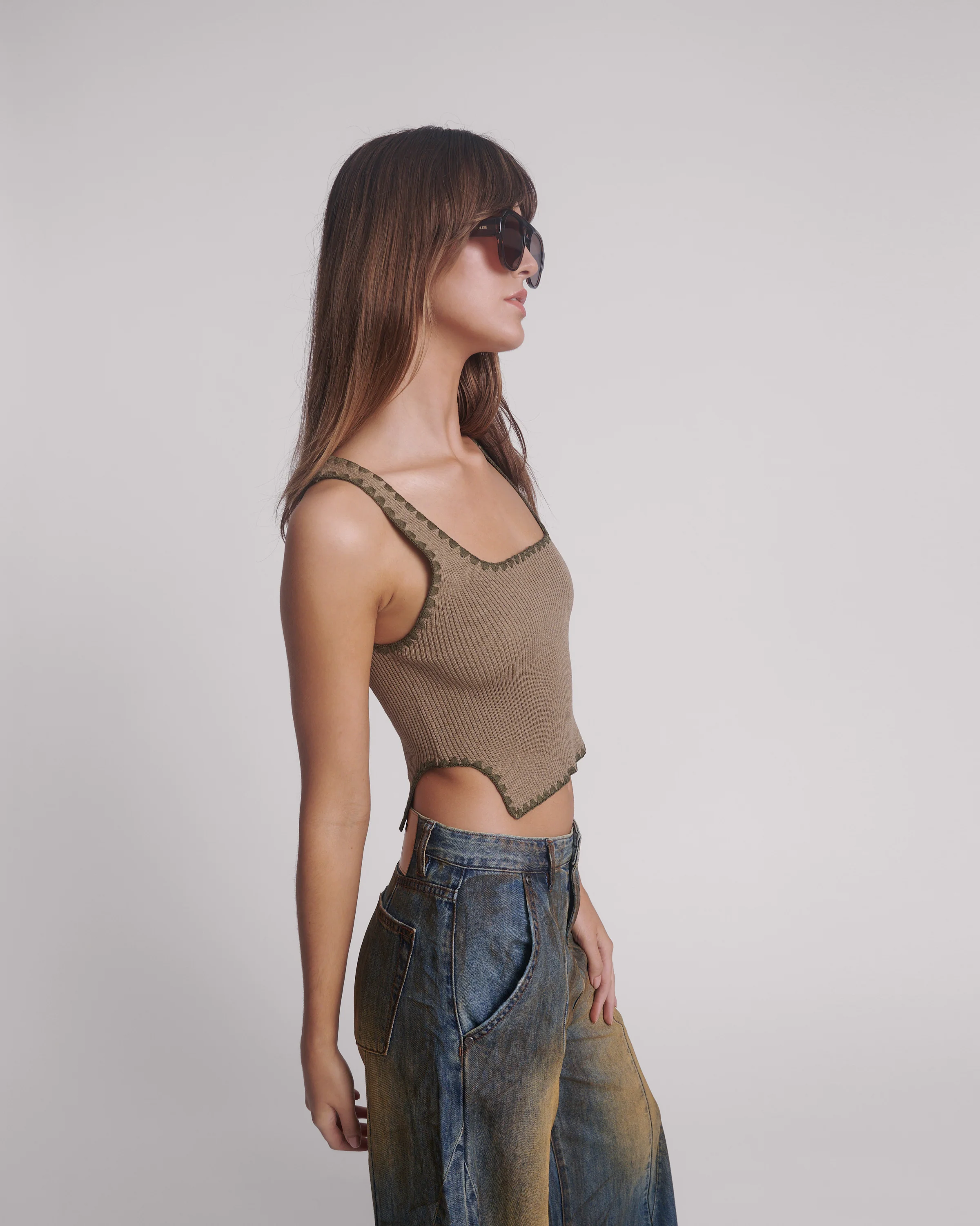 ONE TEASPOON Womens Knitted Scallop Tank - Khaki - Image 3