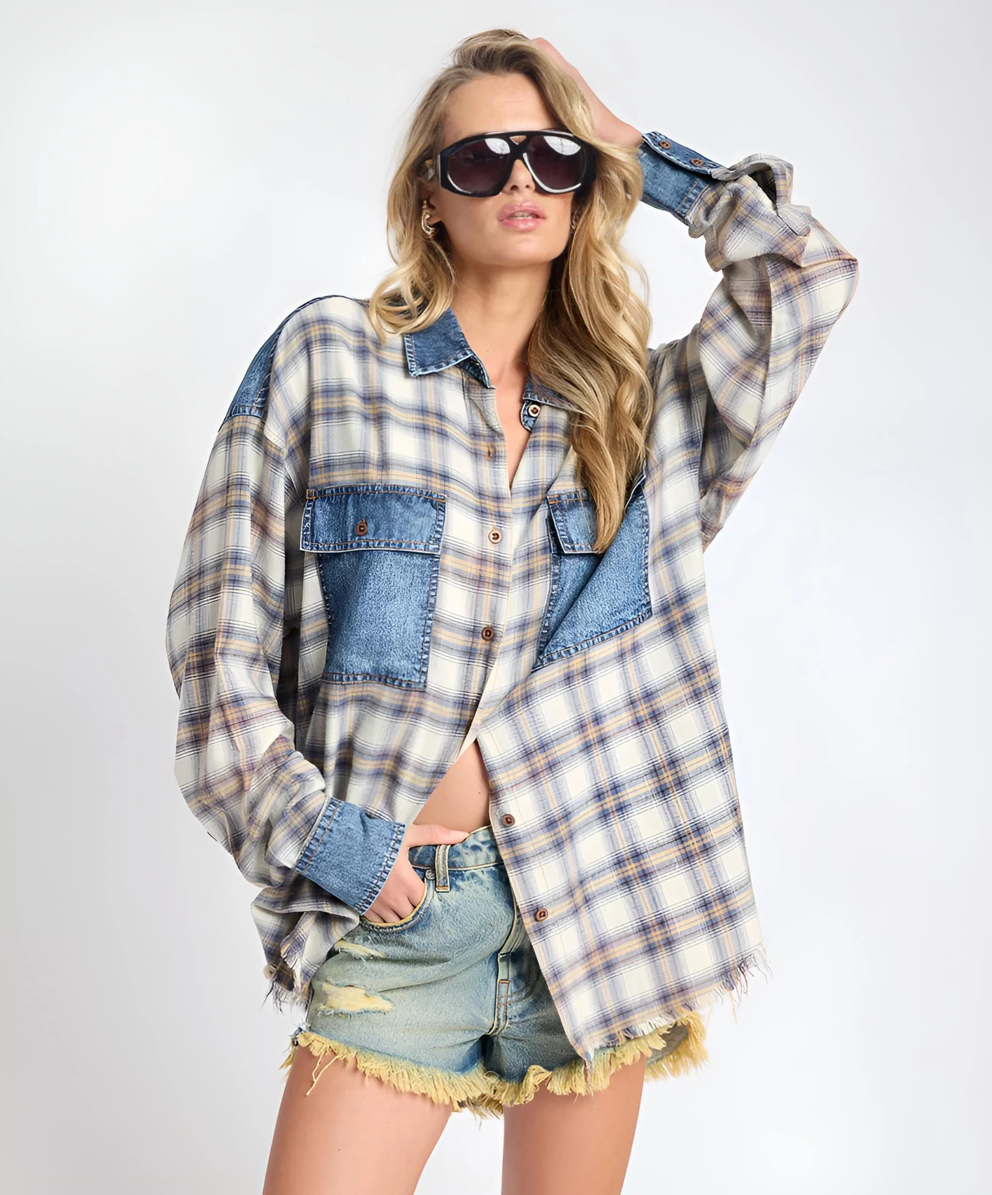 ONE TEASPOON Womens Oversized Flannel Shirt in Blue & White Check