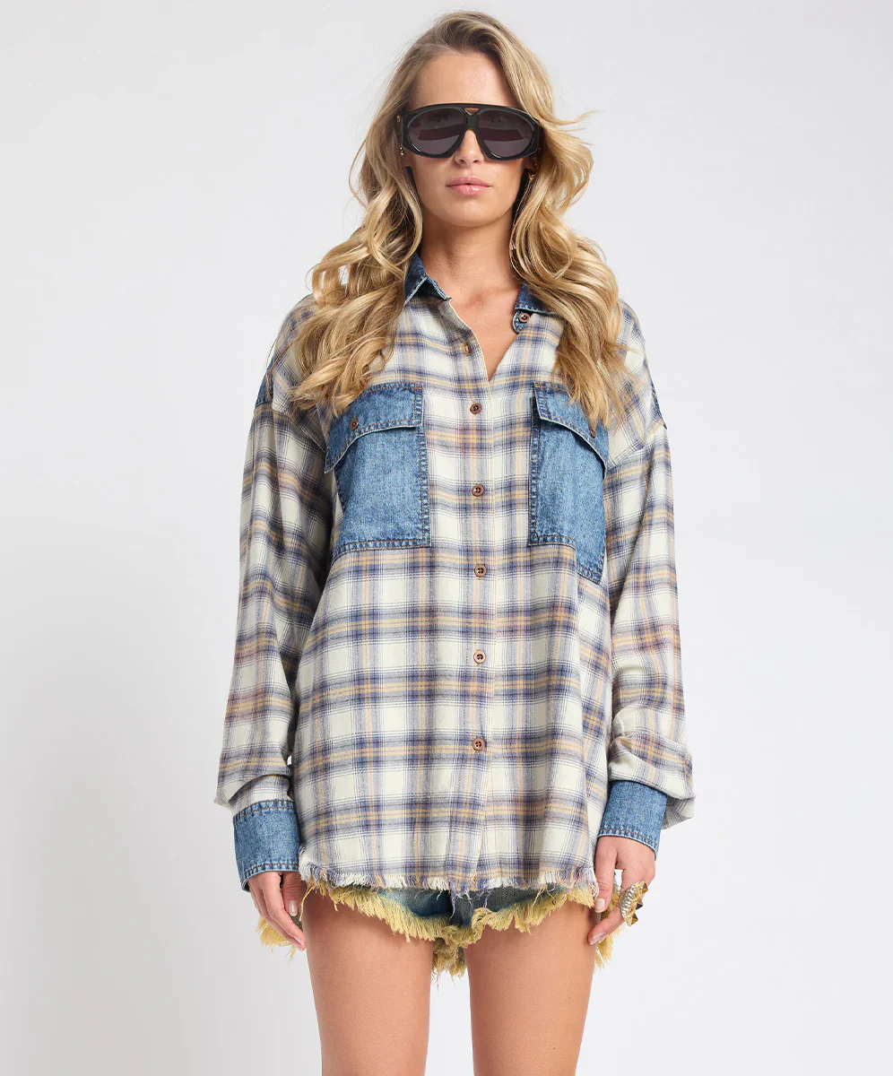 ONE TEASPOON Womens Oversized Flannel Shirt in Blue & White Check - Image 14