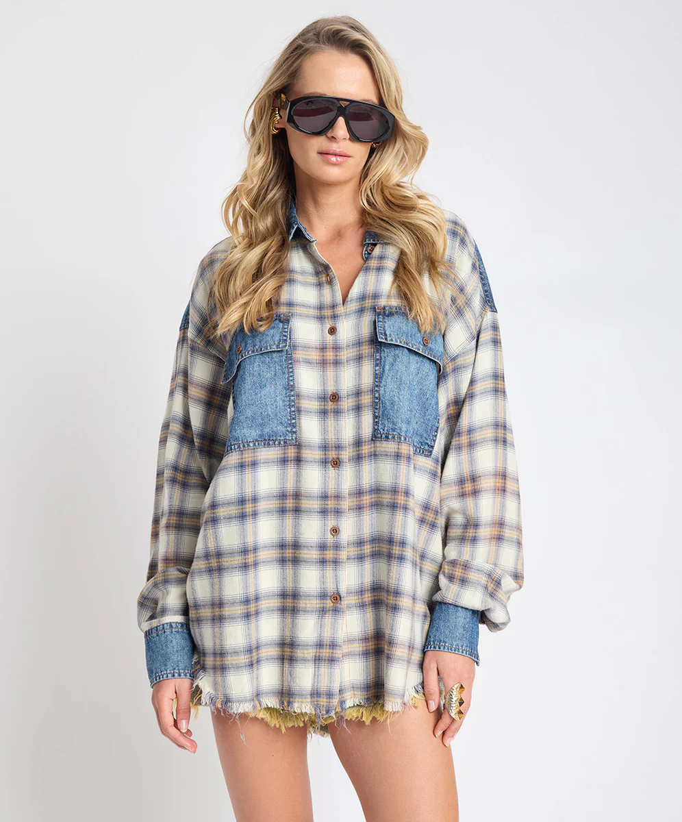 ONE TEASPOON Womens Oversized Flannel Shirt in Blue & White Check - Image 3
