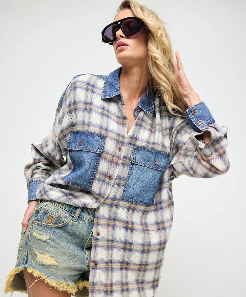 ONE TEASPOON Womens Oversized Flannel Shirt in Blue & White Check - Image 9