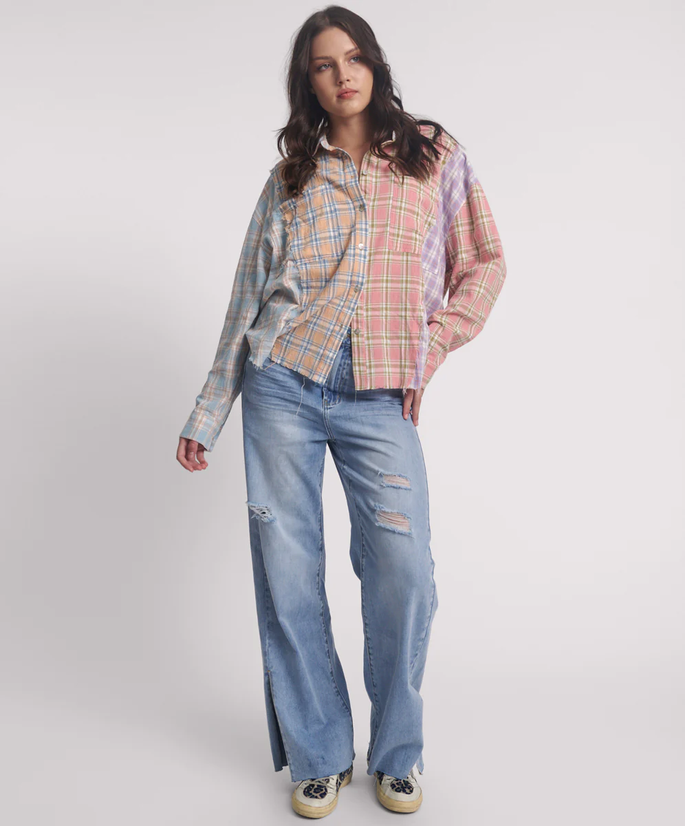 ONE TEASPOON Womens Panelled Flannel Oversized Shirt - Multi Check - Image 4