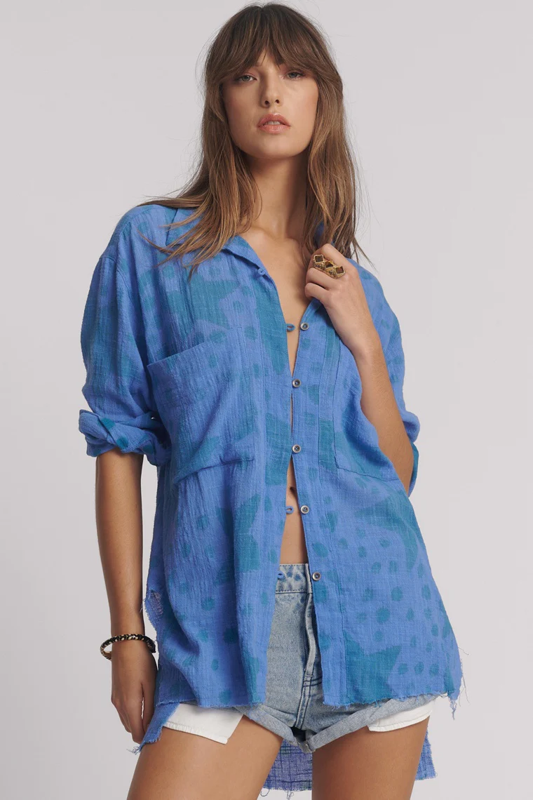 ONE TEASPOON Womens Polka Star Muslin Longline Shirt - Blue