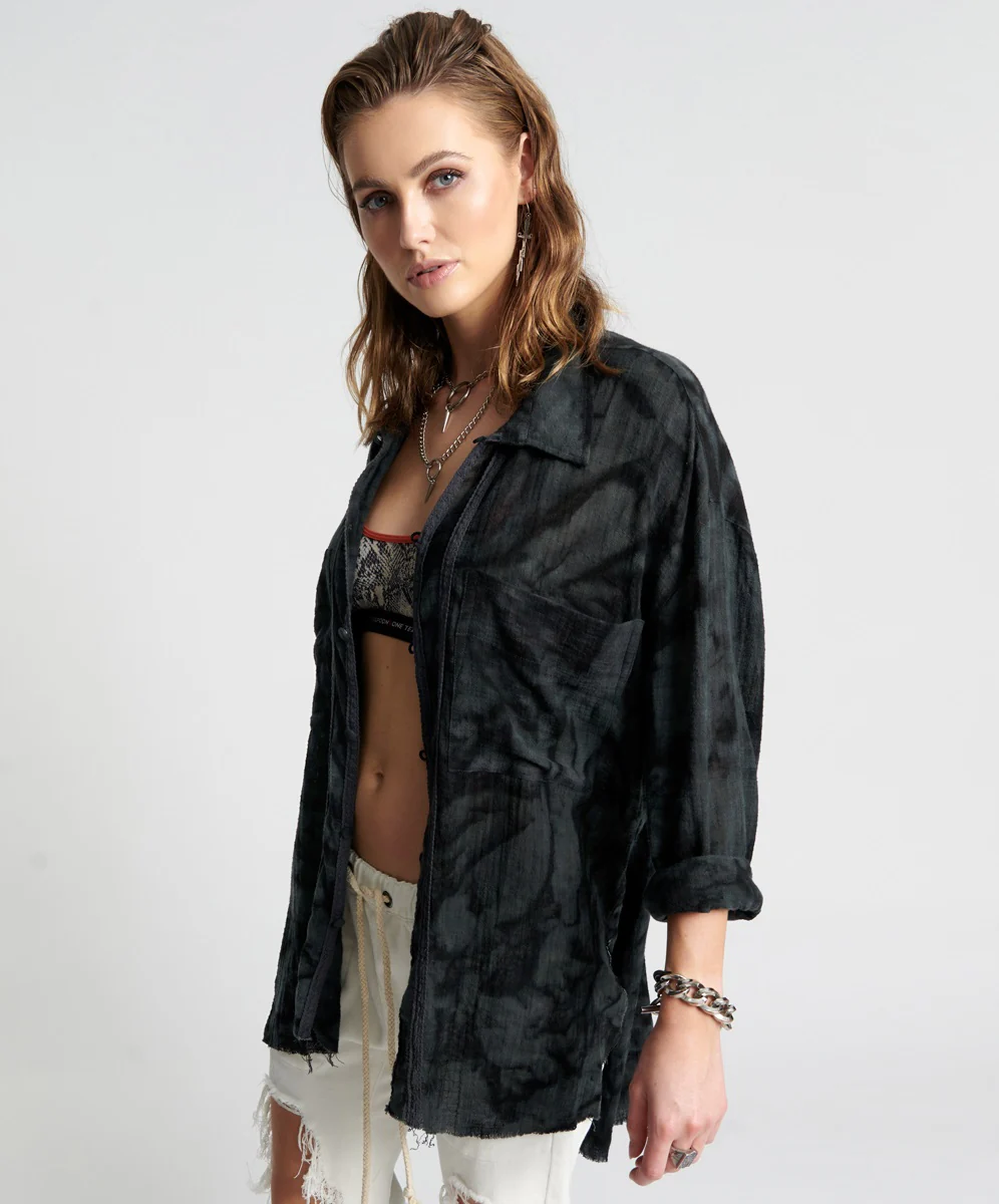 ONE TEASPOON Womens Resonance Muslin Longline Shirt Black Ink - Image 5