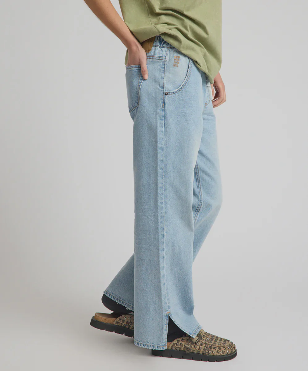 ONE TEASPOON Womens Roadhouse Mid Waist Drawstring Wide Leg Denim Jean in Riviera Blue
