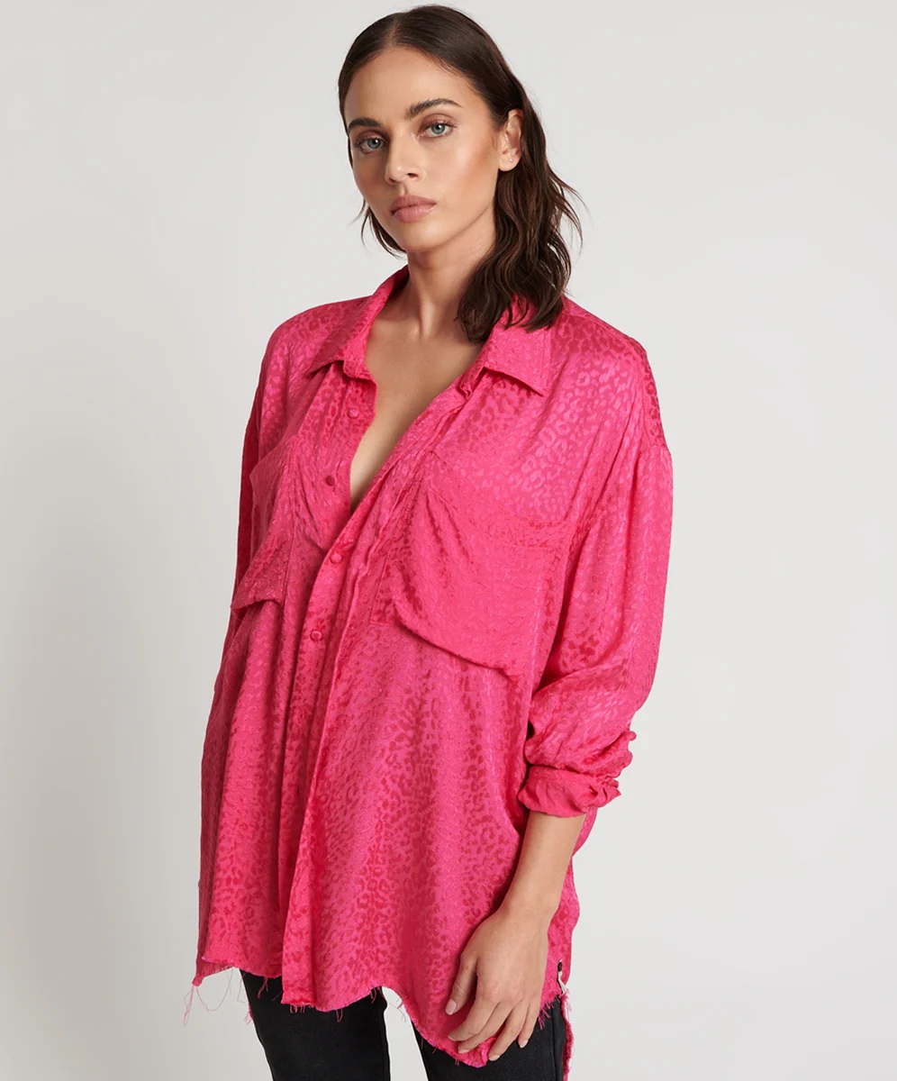 ONE TEASPOON Womens Shocking Pink Jacquard Longline Shirt - Image 5
