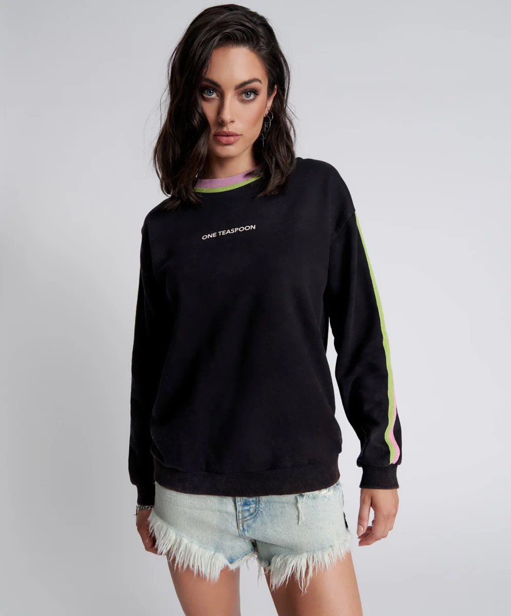 ONE TEASPOON Womens So Sporty One Teaspoon Logo Sweater Black Acid - Image 3