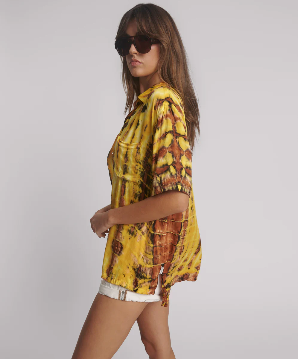 ONE TEASPOON Womens Tropical Satin Hand Printed Short Sleeve Shirt - Yellow - Image 2