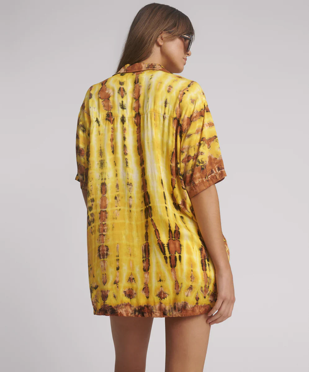 ONE TEASPOON Womens Tropical Satin Hand Printed Short Sleeve Shirt - Yellow - Image 3