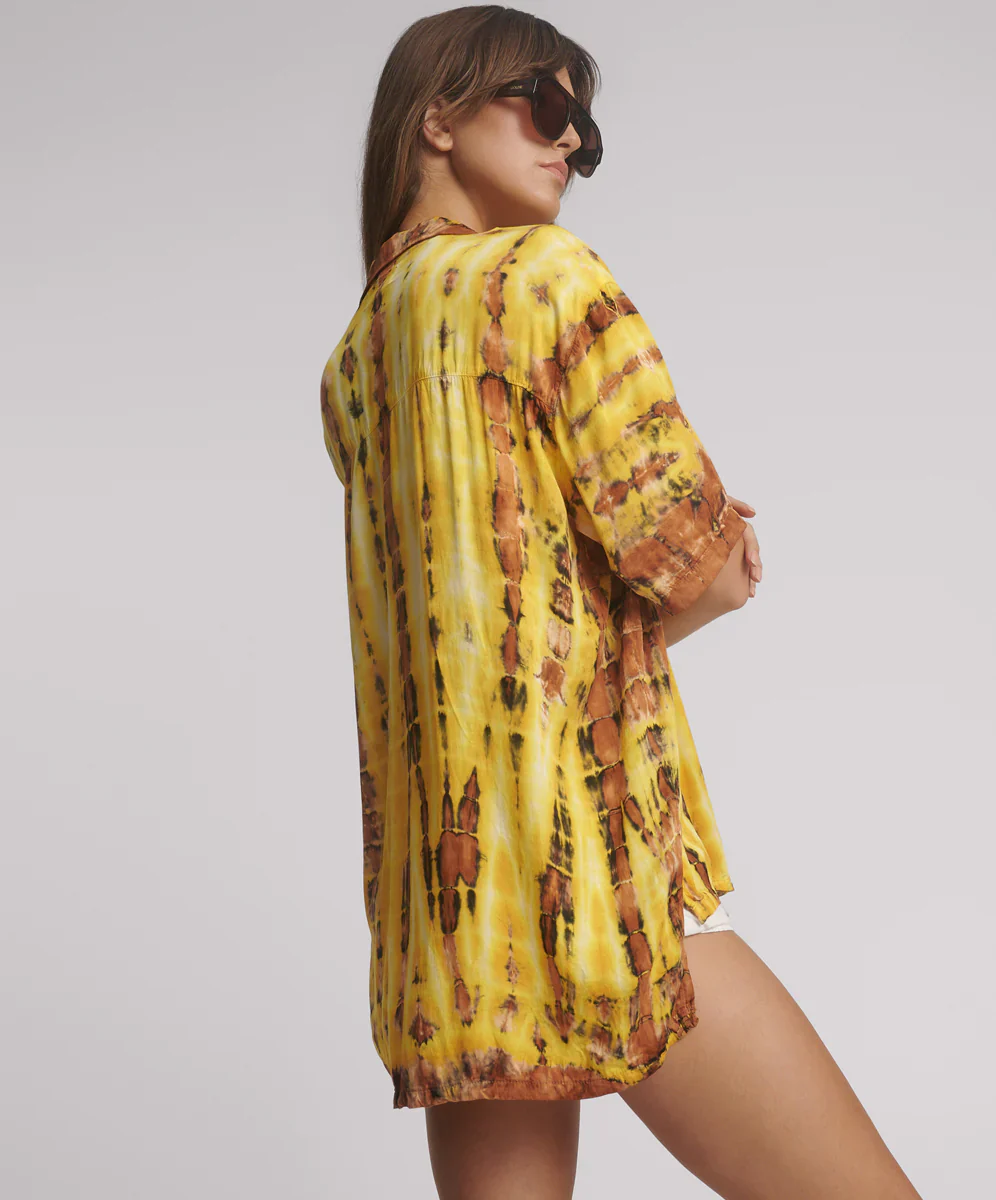 ONE TEASPOON Womens Tropical Satin Hand Printed Short Sleeve Shirt - Yellow - Image 5