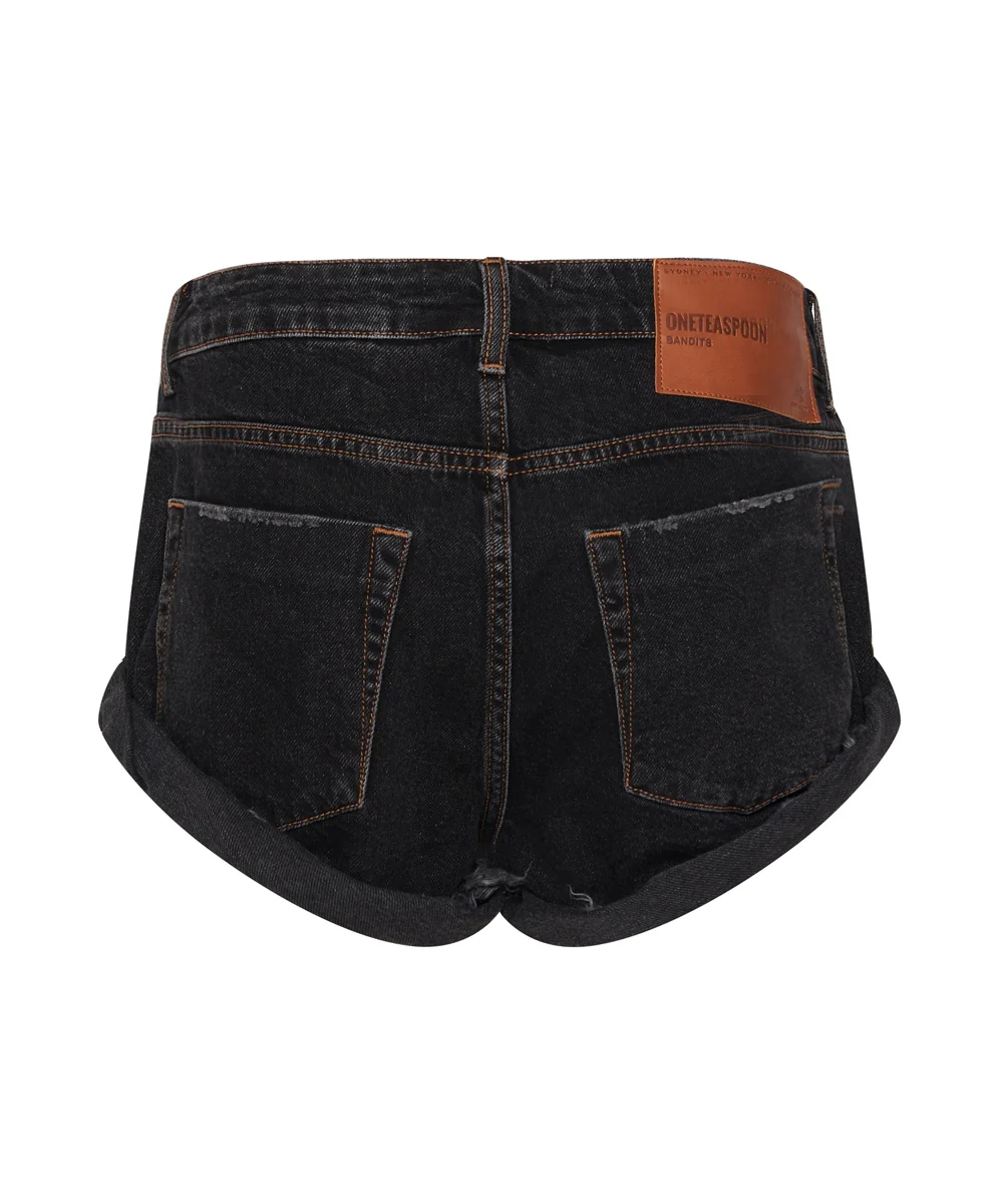 ONE TEASPOON Womens Worn Black Bandits Low Waist Recycled Denim Shorts - Image 3
