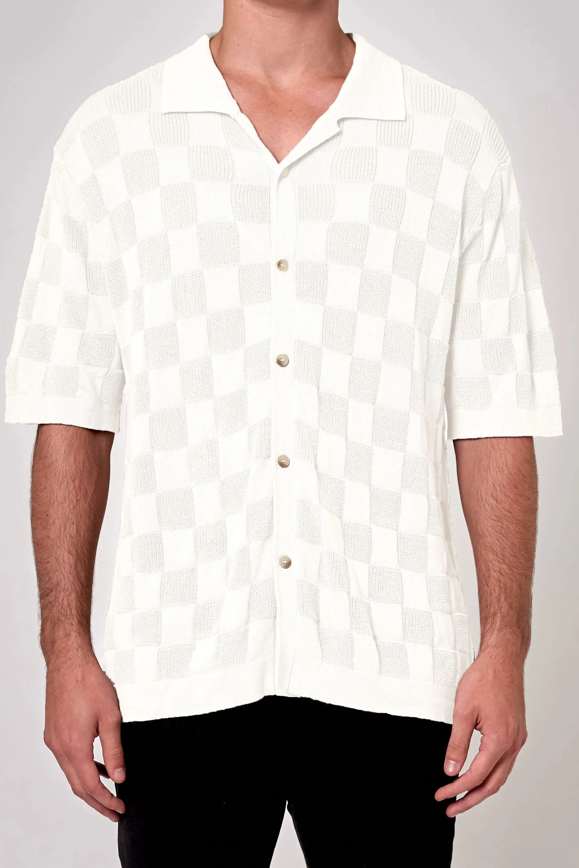 ROLLAS Mens Checker Knit Short Sleeve Shirt - Natural