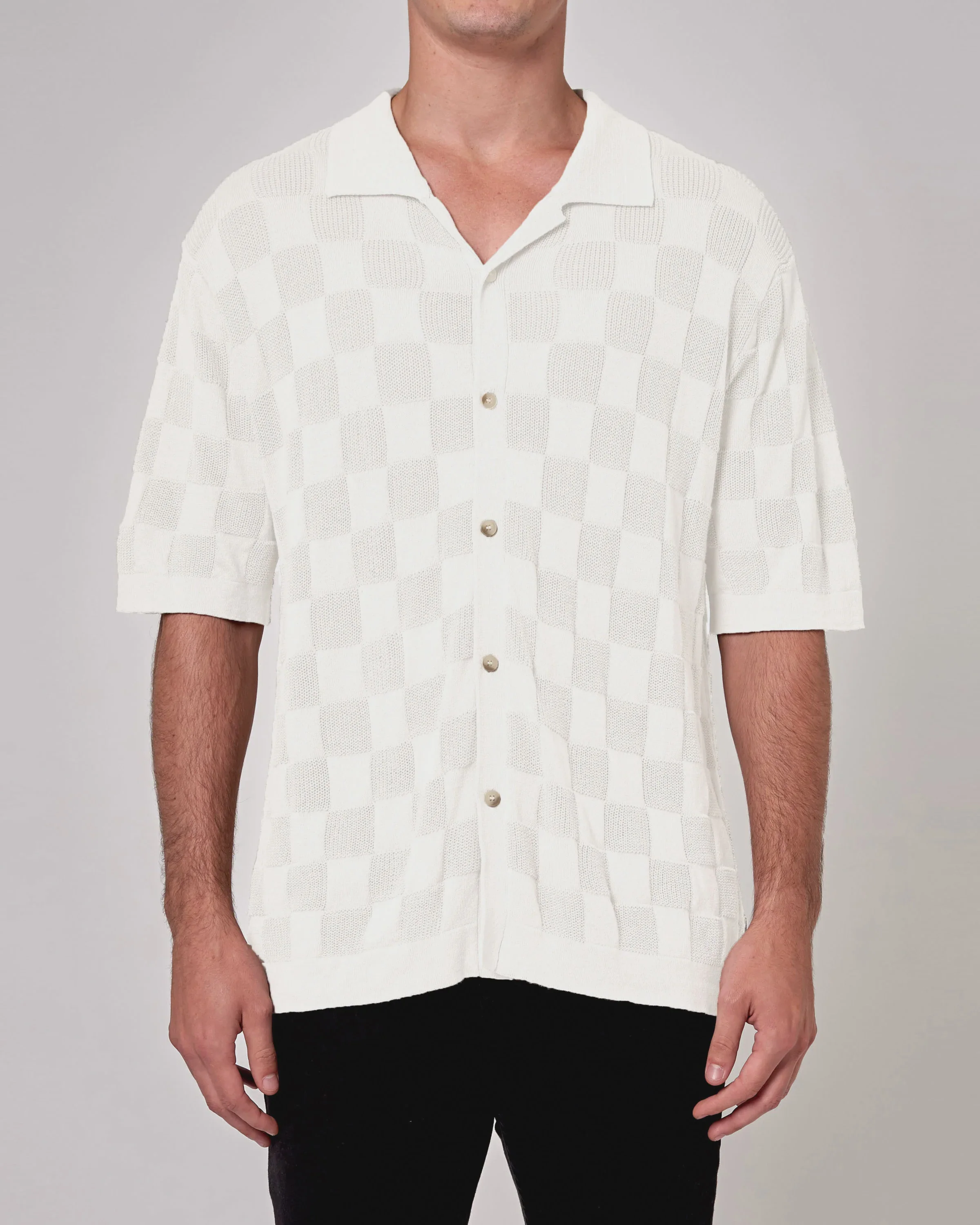 ROLLAS Mens Checker Knit Short Sleeve Shirt - Natural - Image 2